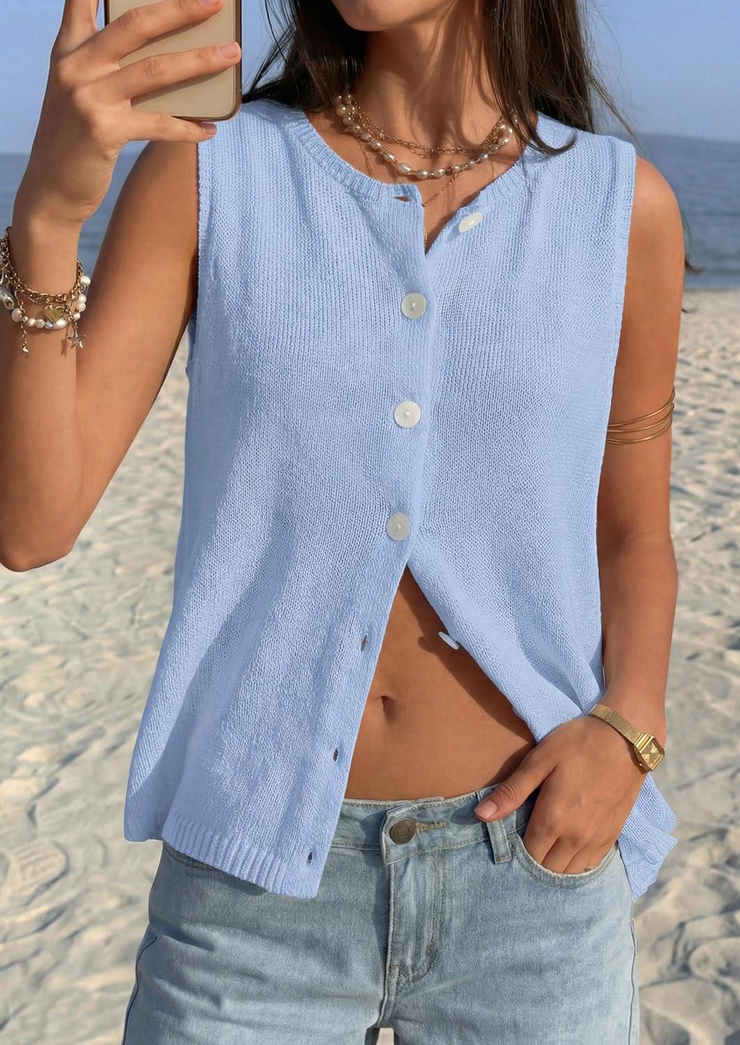 imagePRETTYGARDEN Sweater Vest Women 2026 Summer Sleeveless Cardigans Trendy Knit Vest Top Button Down Spring Sweater TopsLight Blue