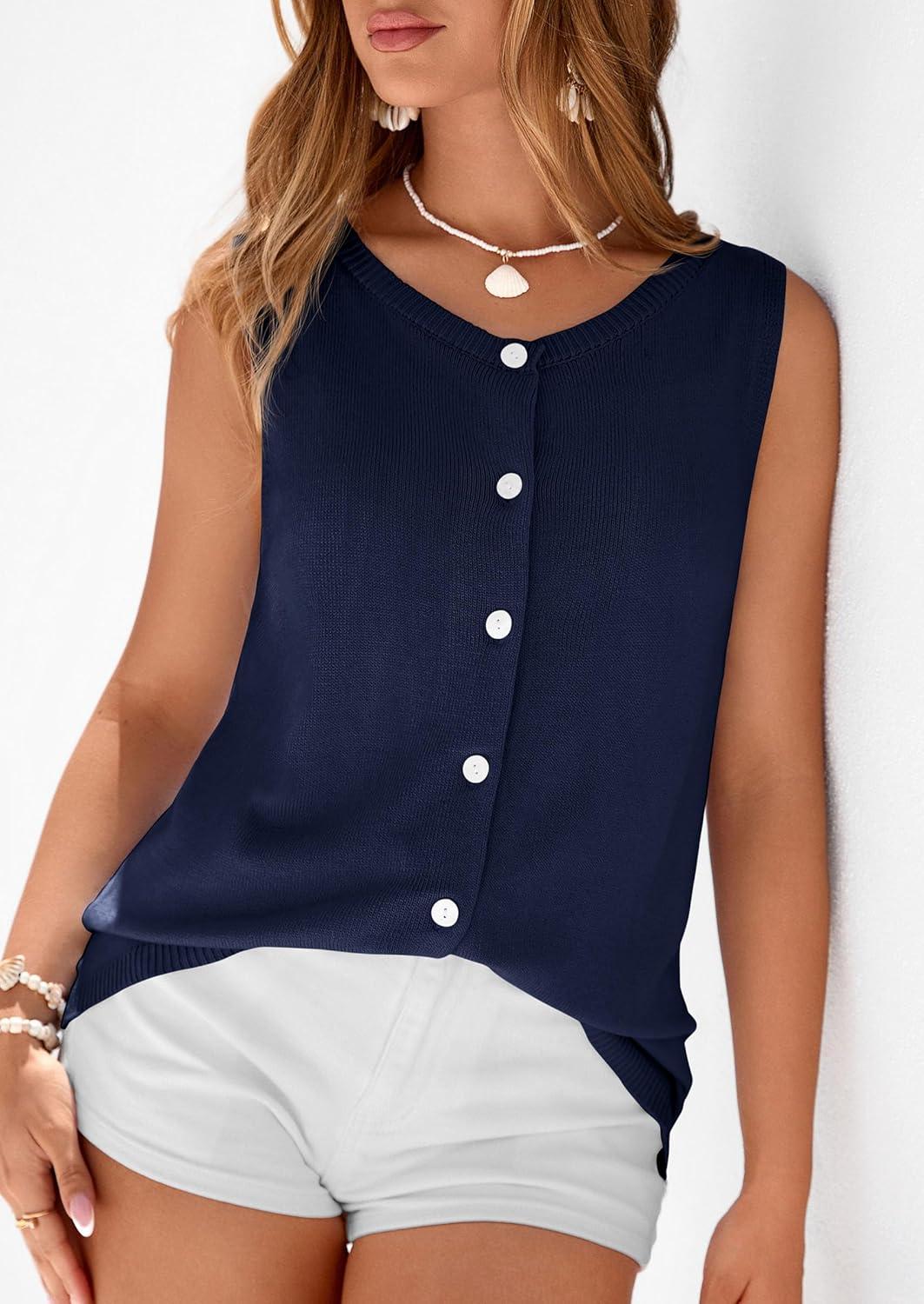 imagePRETTYGARDEN Sweater Vest Women 2026 Summer Sleeveless Cardigans Trendy Knit Vest Top Button Down Spring Sweater TopsNavy Blue