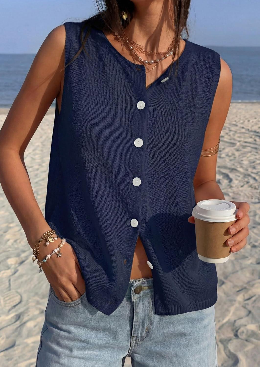 imagePRETTYGARDEN Sweater Vest Women 2026 Summer Sleeveless Cardigans Trendy Knit Vest Top Button Down Spring Sweater TopsNavy Blue