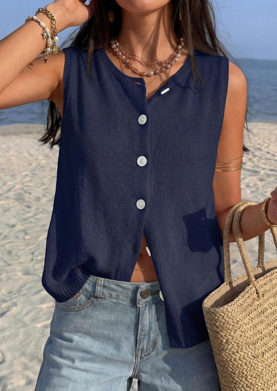 imagePRETTYGARDEN Sweater Vest Women 2026 Summer Sleeveless Cardigans Trendy Knit Vest Top Button Down Spring Sweater TopsNavy Blue