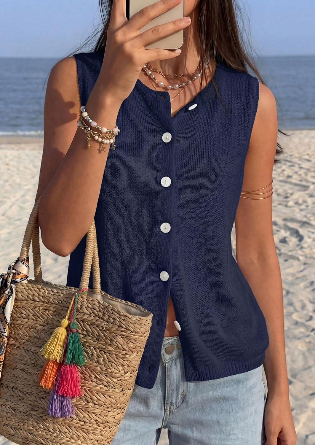 imagePRETTYGARDEN Sweater Vest Women 2026 Summer Sleeveless Cardigans Trendy Knit Vest Top Button Down Spring Sweater TopsNavy Blue