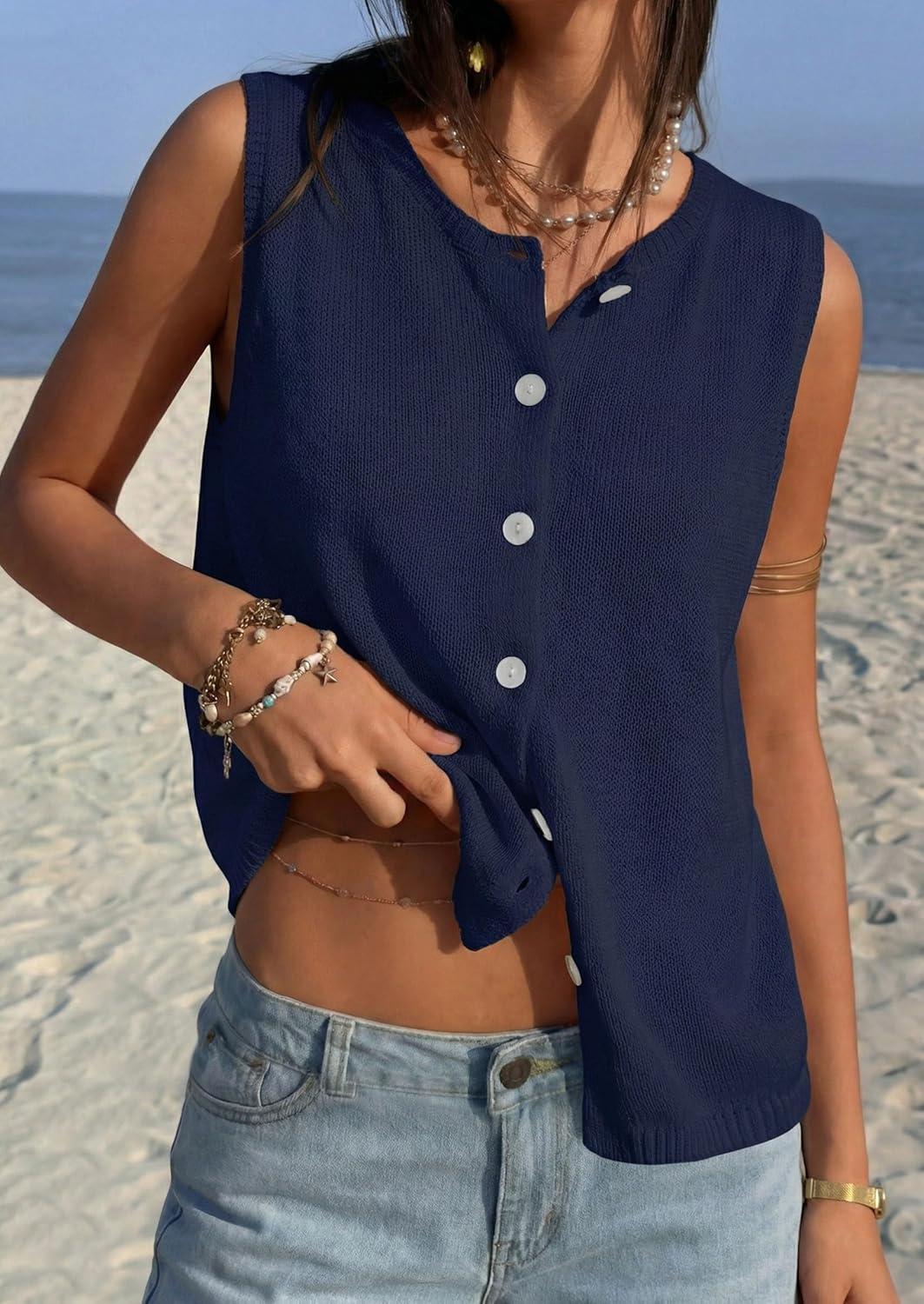 imagePRETTYGARDEN Sweater Vest Women 2026 Summer Sleeveless Cardigans Trendy Knit Vest Top Button Down Spring Sweater TopsNavy Blue