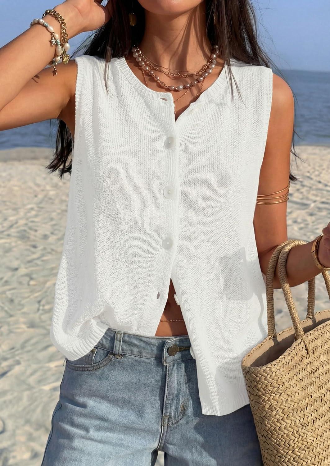 imagePRETTYGARDEN Sweater Vest Women 2026 Summer Sleeveless Cardigans Trendy Knit Vest Top Button Down Spring Sweater TopsWhite