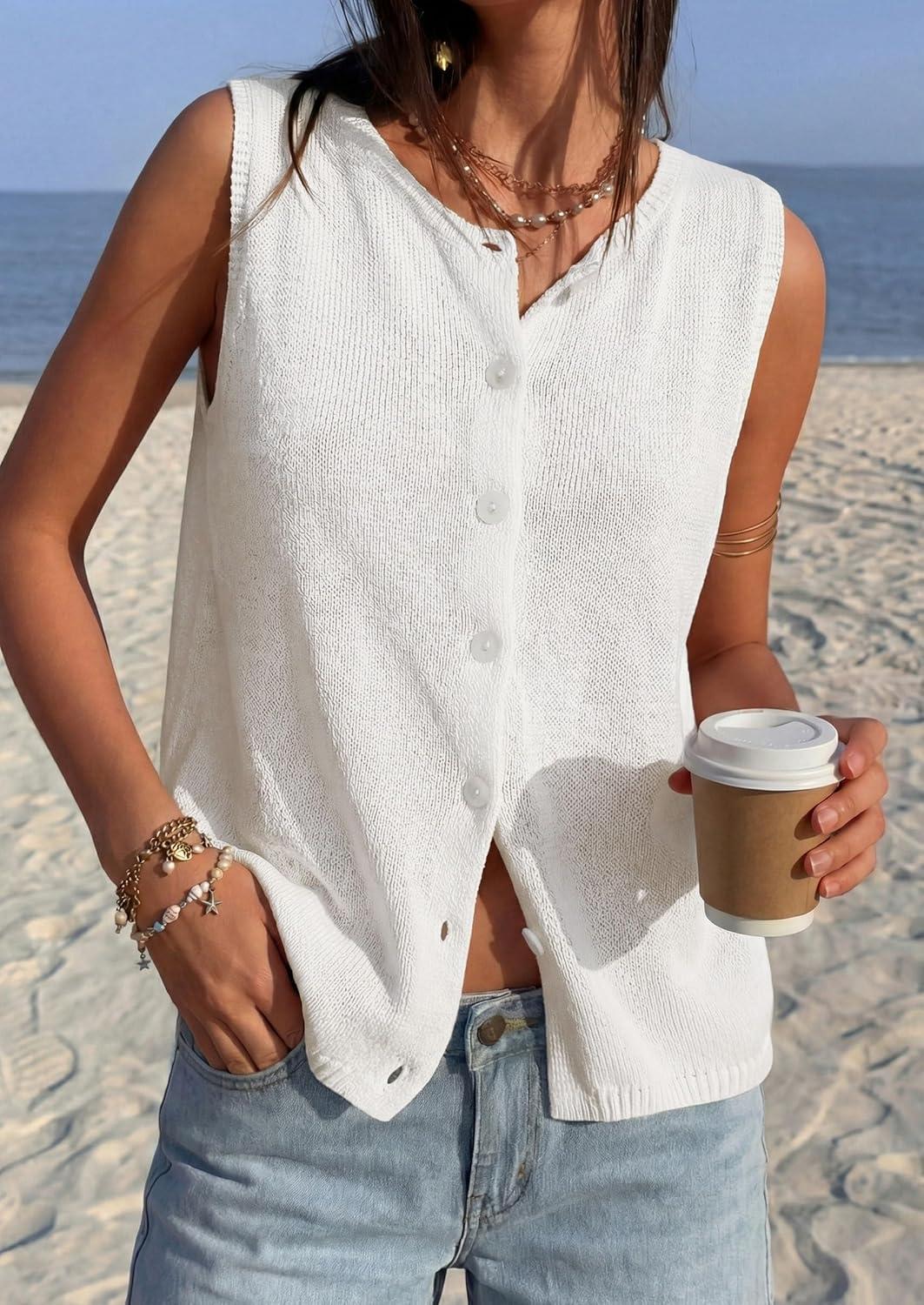 imagePRETTYGARDEN Sweater Vest Women 2026 Summer Sleeveless Cardigans Trendy Knit Vest Top Button Down Spring Sweater TopsWhite