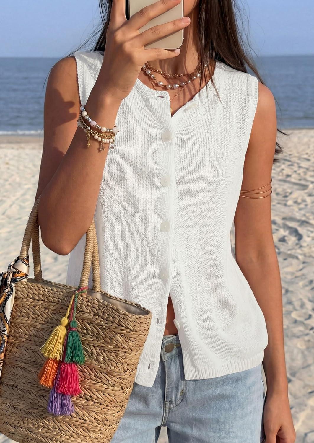 imagePRETTYGARDEN Sweater Vest Women 2026 Summer Sleeveless Cardigans Trendy Knit Vest Top Button Down Spring Sweater TopsWhite
