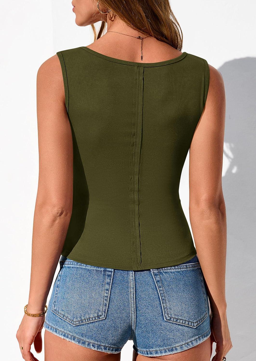 imagePRETTYGARDEN Tank Tops for Women 2026 Summer Fitted Sleeveless T Shirts Scoop Neck Cute Basic Tees Spring Going Out TopArmy Green