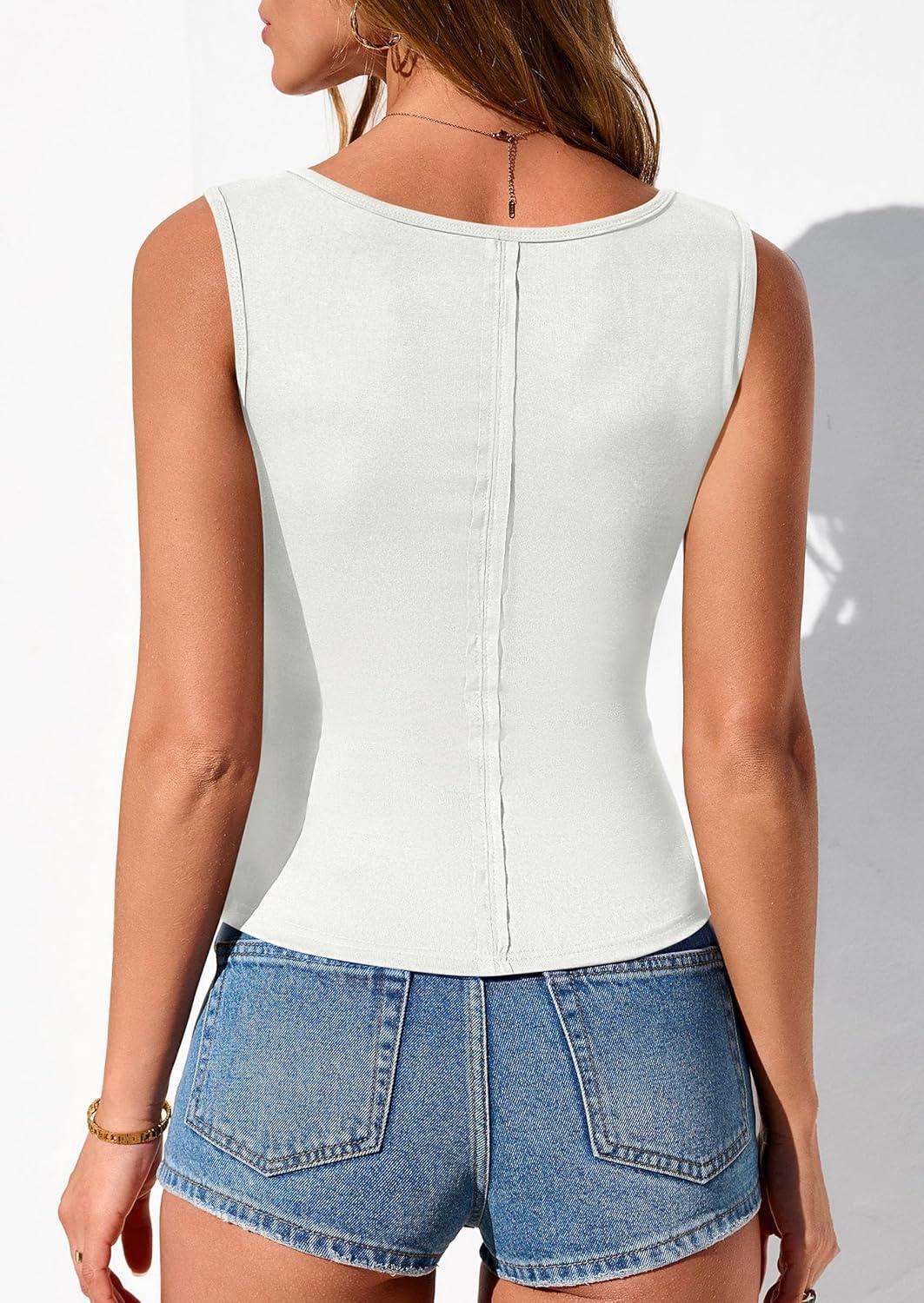 imagePRETTYGARDEN Tank Tops for Women 2026 Summer Fitted Sleeveless T Shirts Scoop Neck Cute Basic Tees Spring Going Out TopWhite