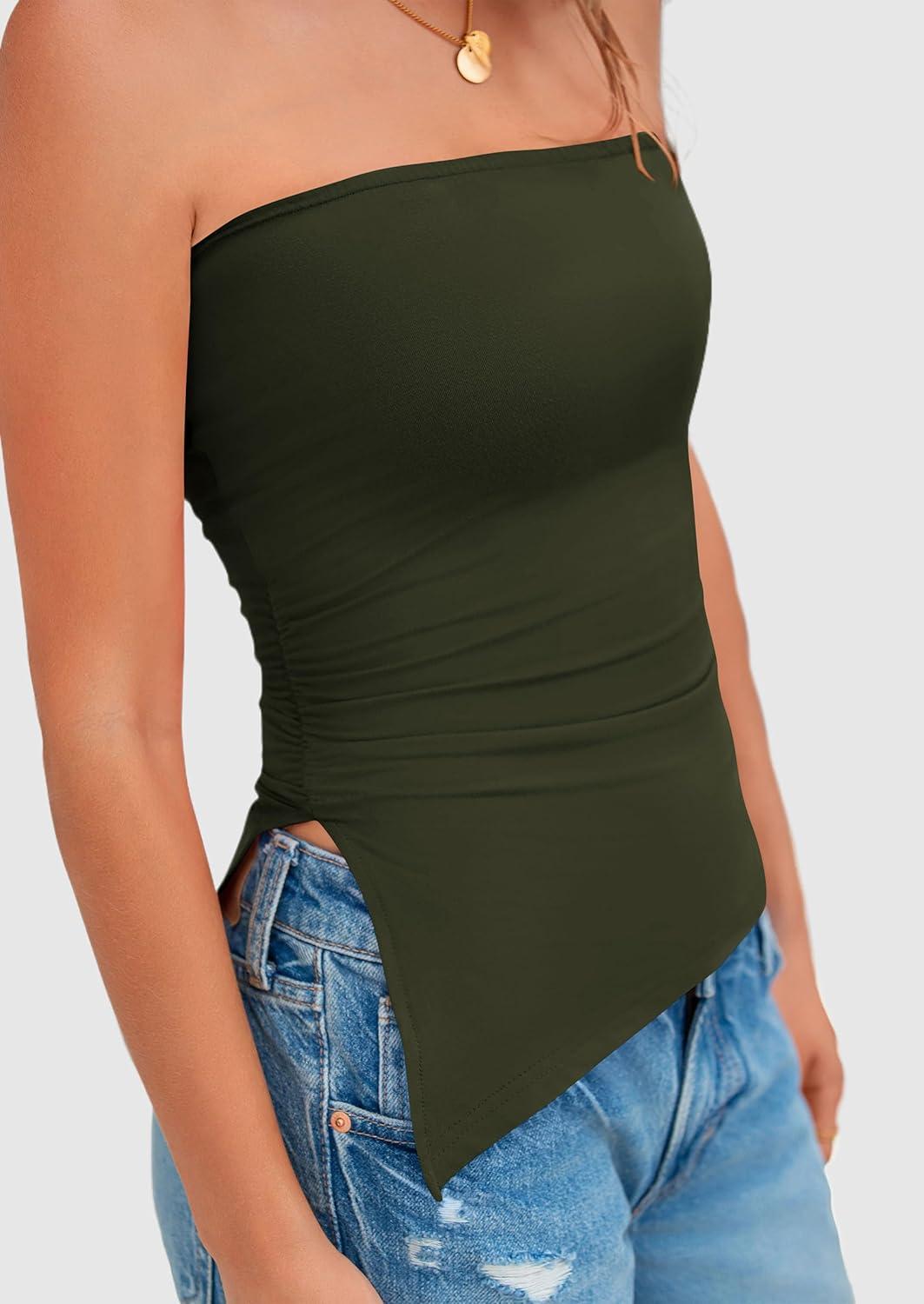 imagePRETTYGARDEN Tube Tops for Women Trendy Summer 2026 Spring Fashion Going Out Y2K Clothes Asymmetrical Ruched Strapless ShirtsArmy Green