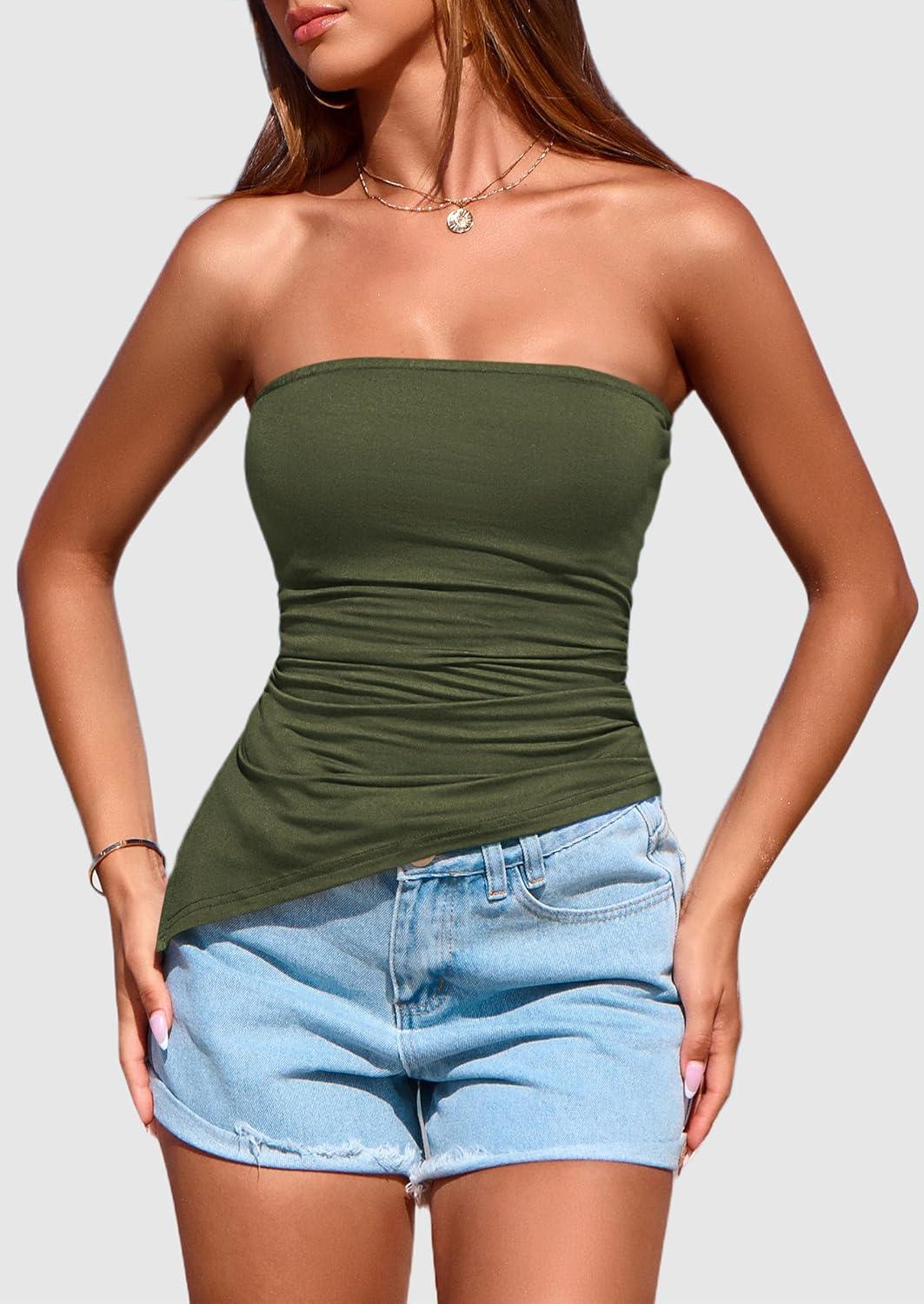 imagePRETTYGARDEN Tube Tops for Women Trendy Summer 2026 Spring Fashion Going Out Y2K Clothes Asymmetrical Ruched Strapless ShirtsArmy Green