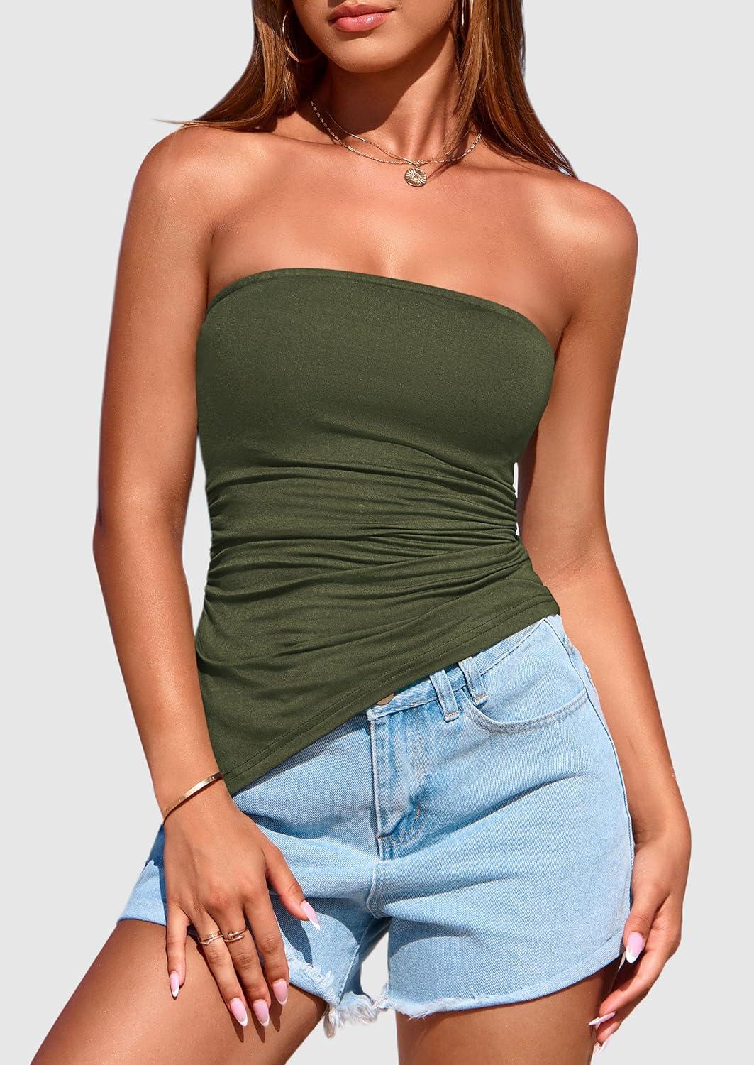 imagePRETTYGARDEN Tube Tops for Women Trendy Summer 2026 Spring Fashion Going Out Y2K Clothes Asymmetrical Ruched Strapless ShirtsArmy Green