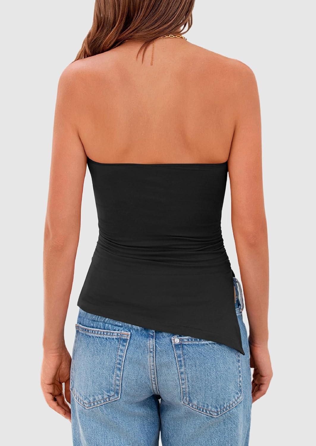 imagePRETTYGARDEN Tube Tops for Women Trendy Summer 2026 Spring Fashion Going Out Y2K Clothes Asymmetrical Ruched Strapless ShirtsBlack