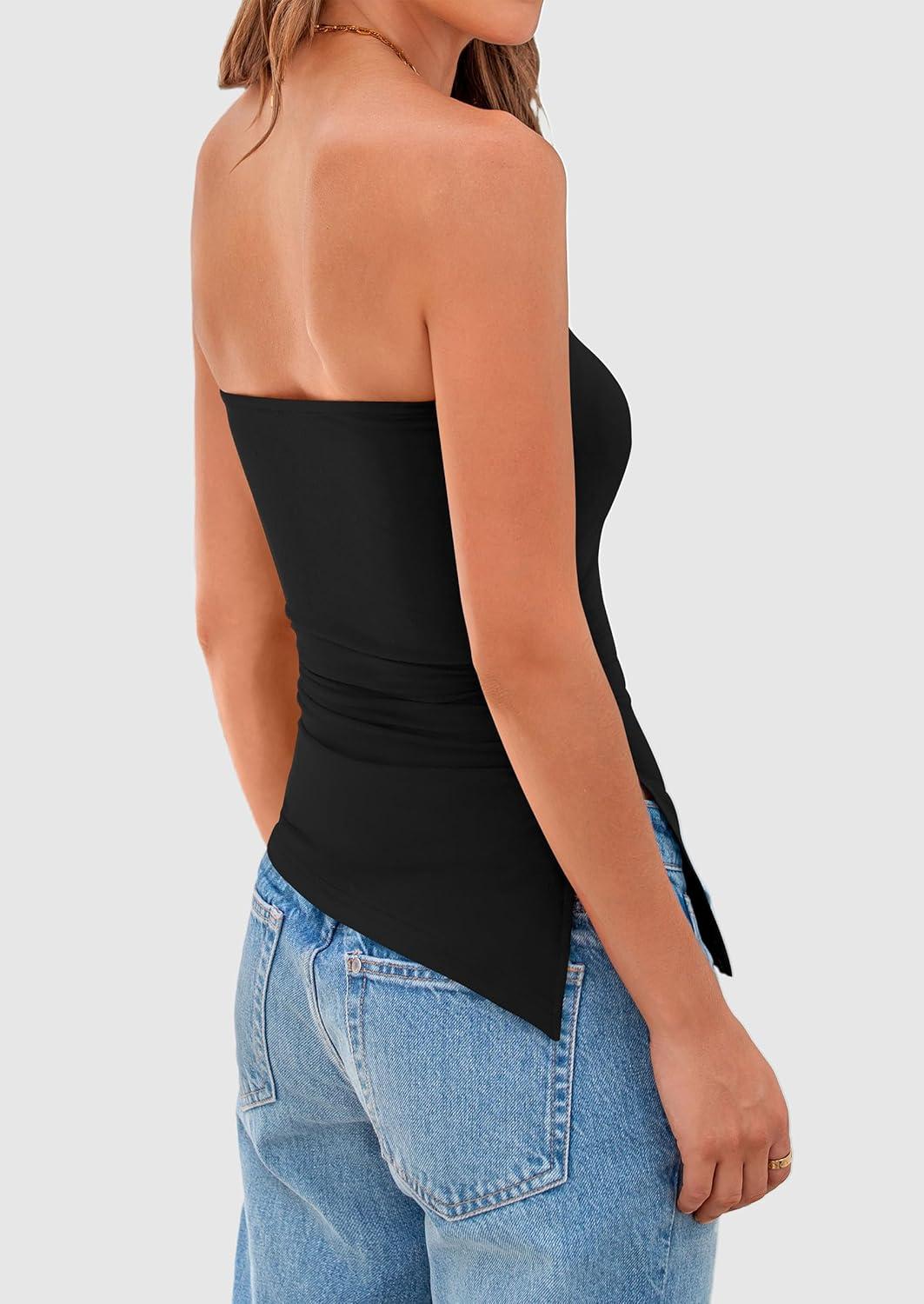 imagePRETTYGARDEN Tube Tops for Women Trendy Summer 2026 Spring Fashion Going Out Y2K Clothes Asymmetrical Ruched Strapless ShirtsBlack