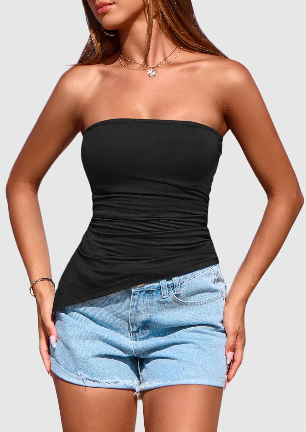 imagePRETTYGARDEN Tube Tops for Women Trendy Summer 2026 Spring Fashion Going Out Y2K Clothes Asymmetrical Ruched Strapless ShirtsBlack