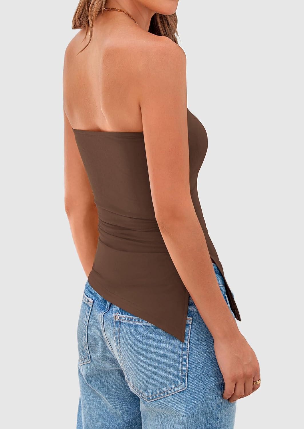 imagePRETTYGARDEN Tube Tops for Women Trendy Summer 2026 Spring Fashion Going Out Y2K Clothes Asymmetrical Ruched Strapless ShirtsCoffee