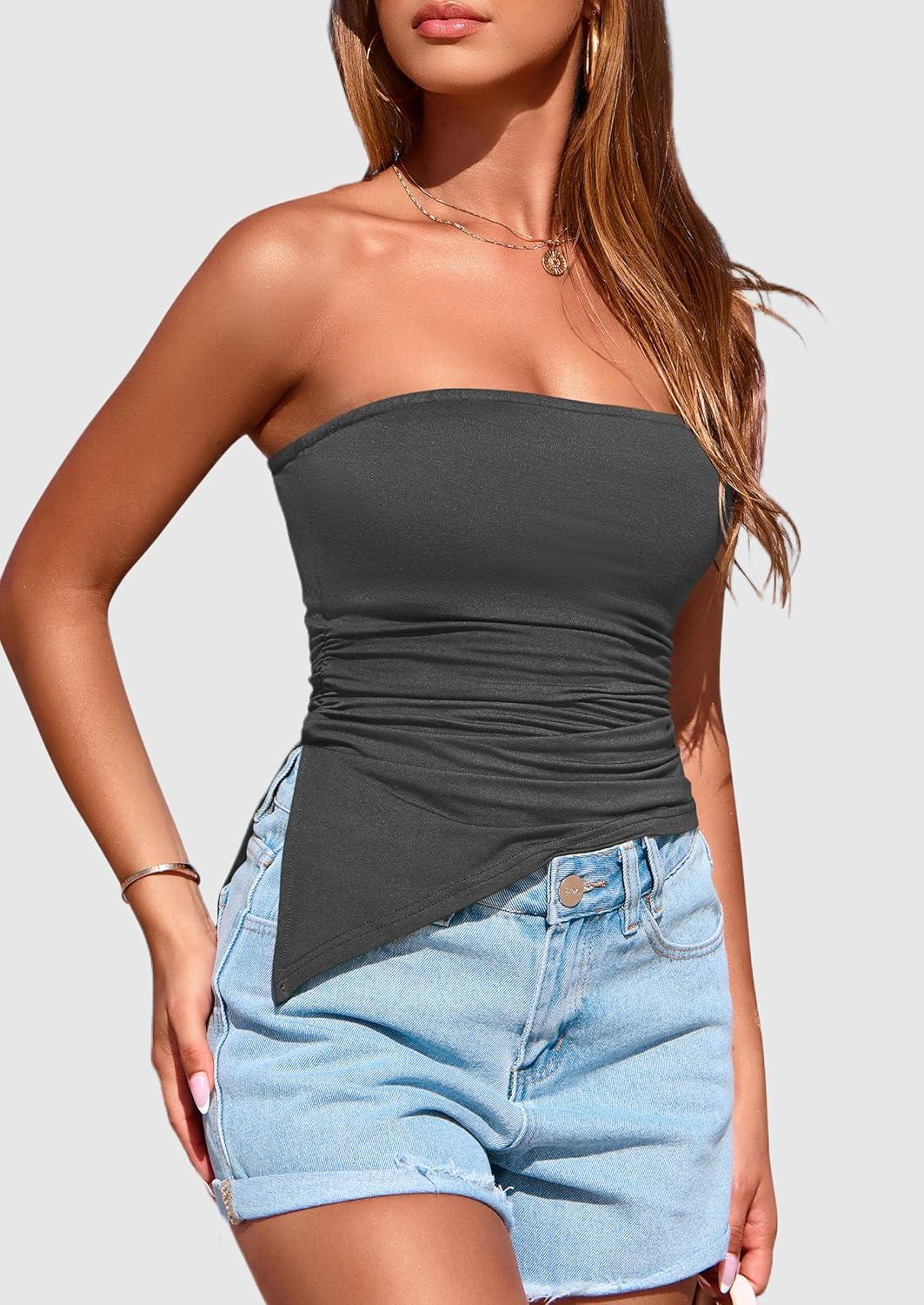 imagePRETTYGARDEN Tube Tops for Women Trendy Summer 2026 Spring Fashion Going Out Y2K Clothes Asymmetrical Ruched Strapless ShirtsDark Grey