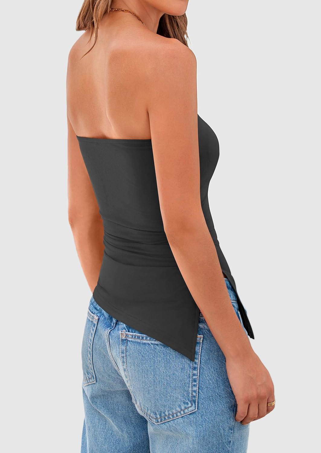 imagePRETTYGARDEN Tube Tops for Women Trendy Summer 2026 Spring Fashion Going Out Y2K Clothes Asymmetrical Ruched Strapless ShirtsDark Grey