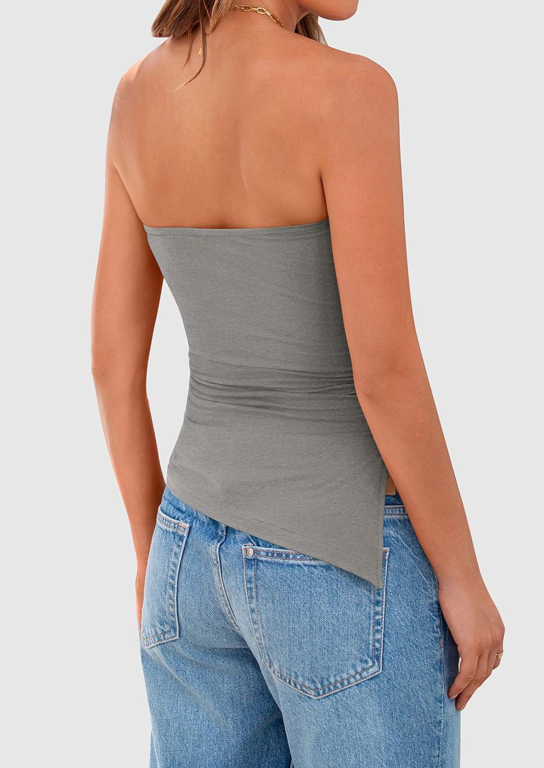 imagePRETTYGARDEN Tube Tops for Women Trendy Summer 2026 Spring Fashion Going Out Y2K Clothes Asymmetrical Ruched Strapless ShirtsGrey