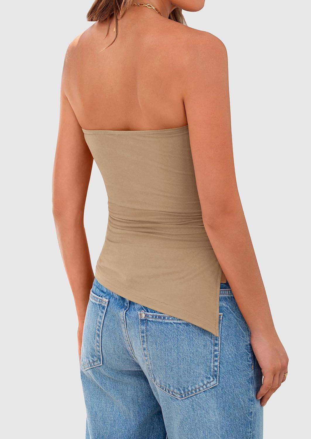 imagePRETTYGARDEN Tube Tops for Women Trendy Summer 2026 Spring Fashion Going Out Y2K Clothes Asymmetrical Ruched Strapless ShirtsKhaki