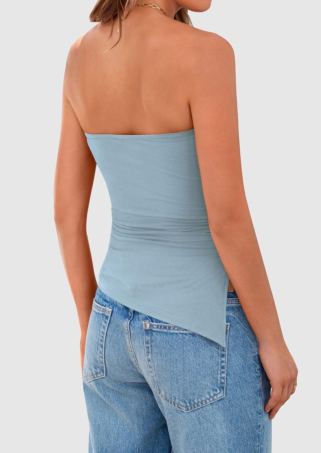 imagePRETTYGARDEN Tube Tops for Women Trendy Summer 2026 Spring Fashion Going Out Y2K Clothes Asymmetrical Ruched Strapless ShirtsLight Grey Blue