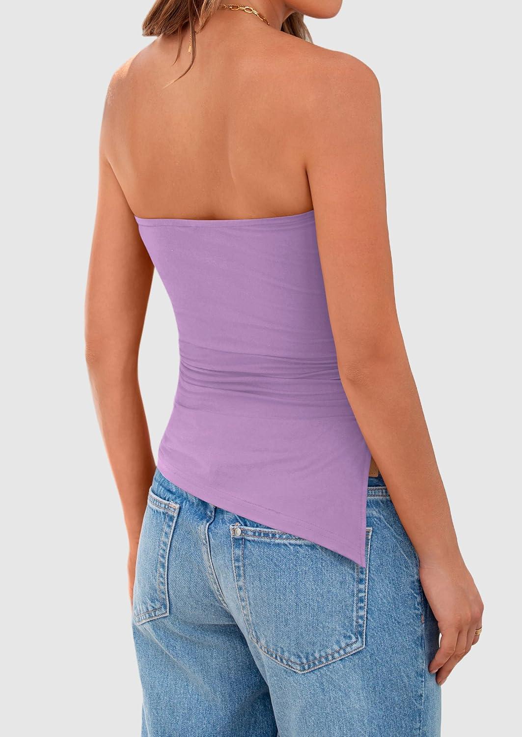 imagePRETTYGARDEN Tube Tops for Women Trendy Summer 2026 Spring Fashion Going Out Y2K Clothes Asymmetrical Ruched Strapless ShirtsPurple