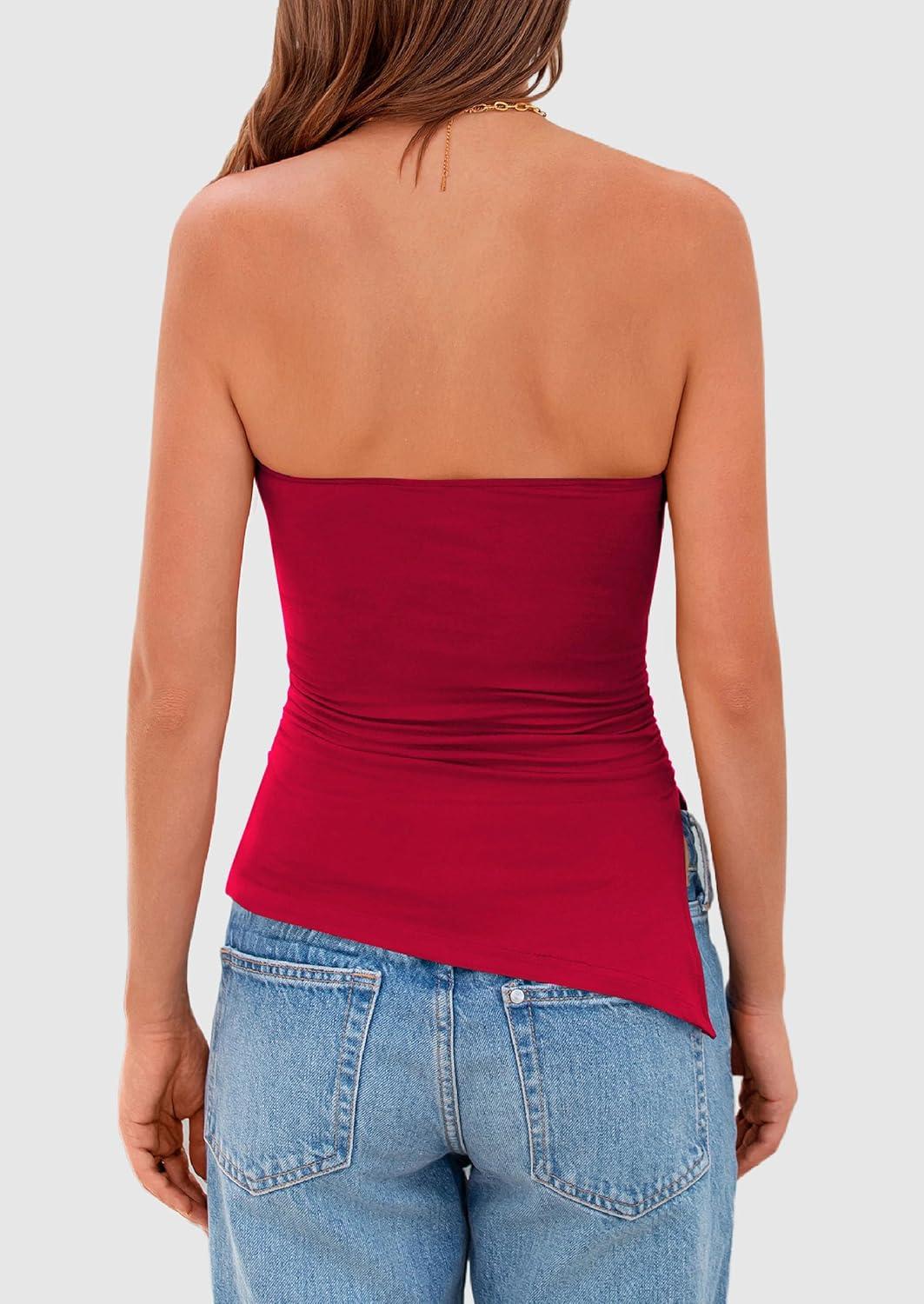 imagePRETTYGARDEN Tube Tops for Women Trendy Summer 2026 Spring Fashion Going Out Y2K Clothes Asymmetrical Ruched Strapless ShirtsRed
