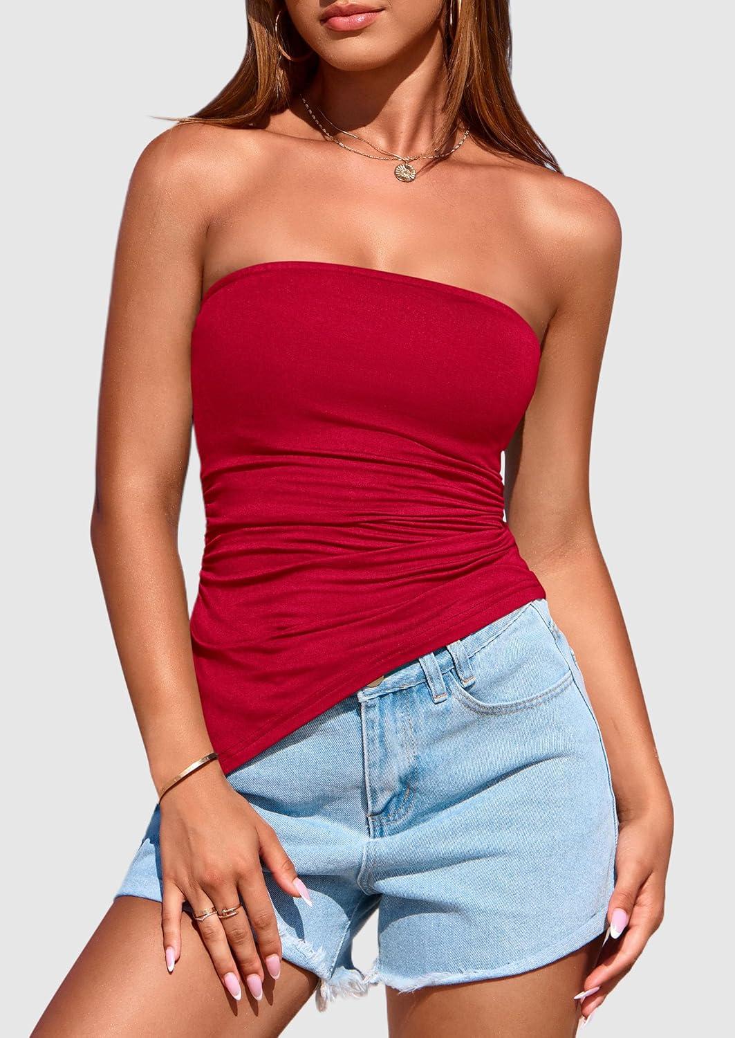 imagePRETTYGARDEN Tube Tops for Women Trendy Summer 2026 Spring Fashion Going Out Y2K Clothes Asymmetrical Ruched Strapless ShirtsRed