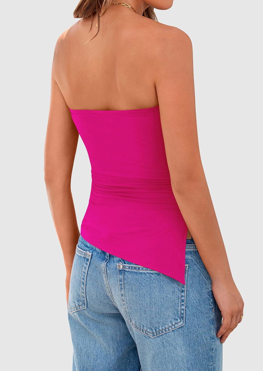 imagePRETTYGARDEN Tube Tops for Women Trendy Summer 2026 Spring Fashion Going Out Y2K Clothes Asymmetrical Ruched Strapless ShirtsRose Red