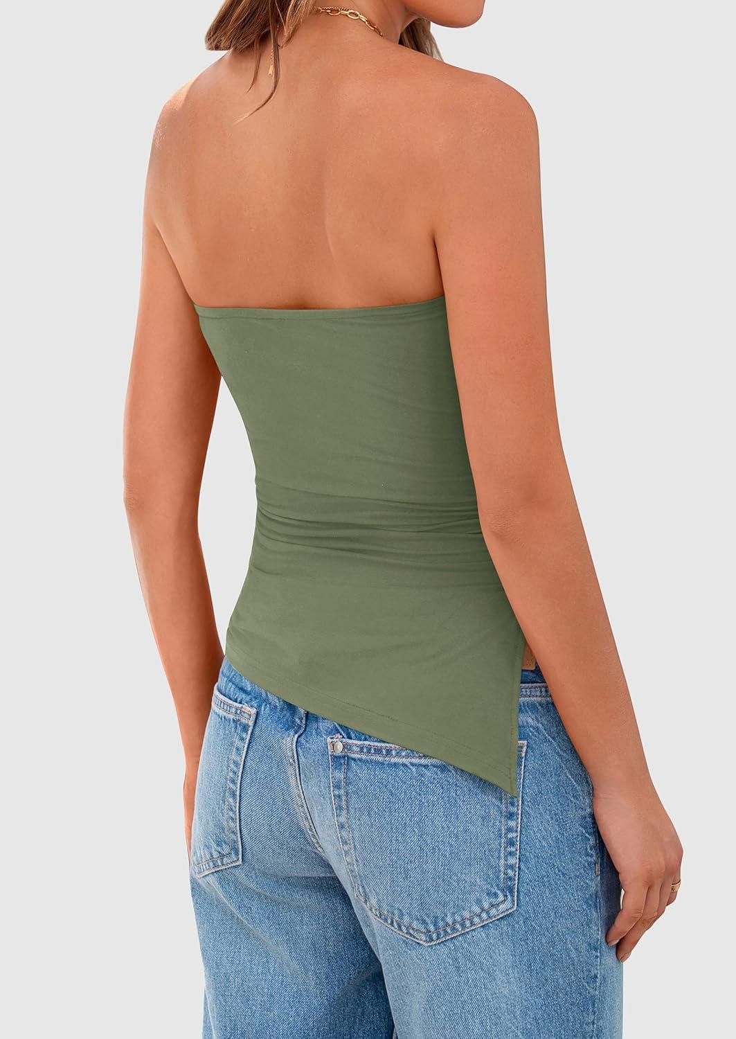 imagePRETTYGARDEN Tube Tops for Women Trendy Summer 2026 Spring Fashion Going Out Y2K Clothes Asymmetrical Ruched Strapless ShirtsSage Green