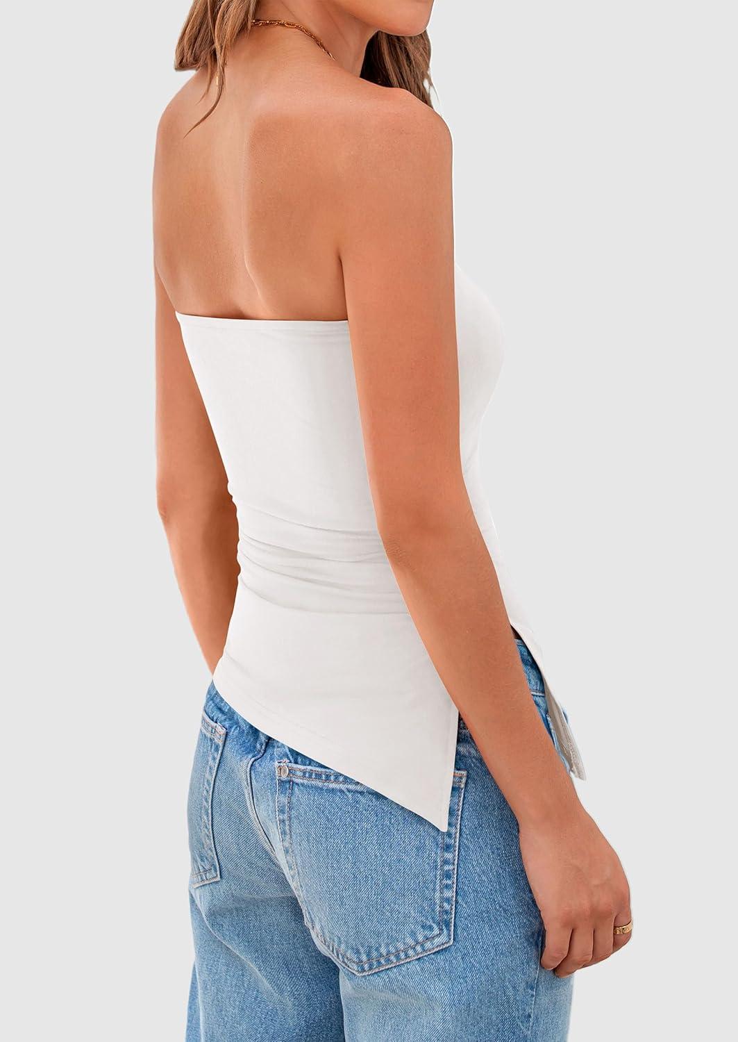 imagePRETTYGARDEN Tube Tops for Women Trendy Summer 2026 Spring Fashion Going Out Y2K Clothes Asymmetrical Ruched Strapless ShirtsWhite