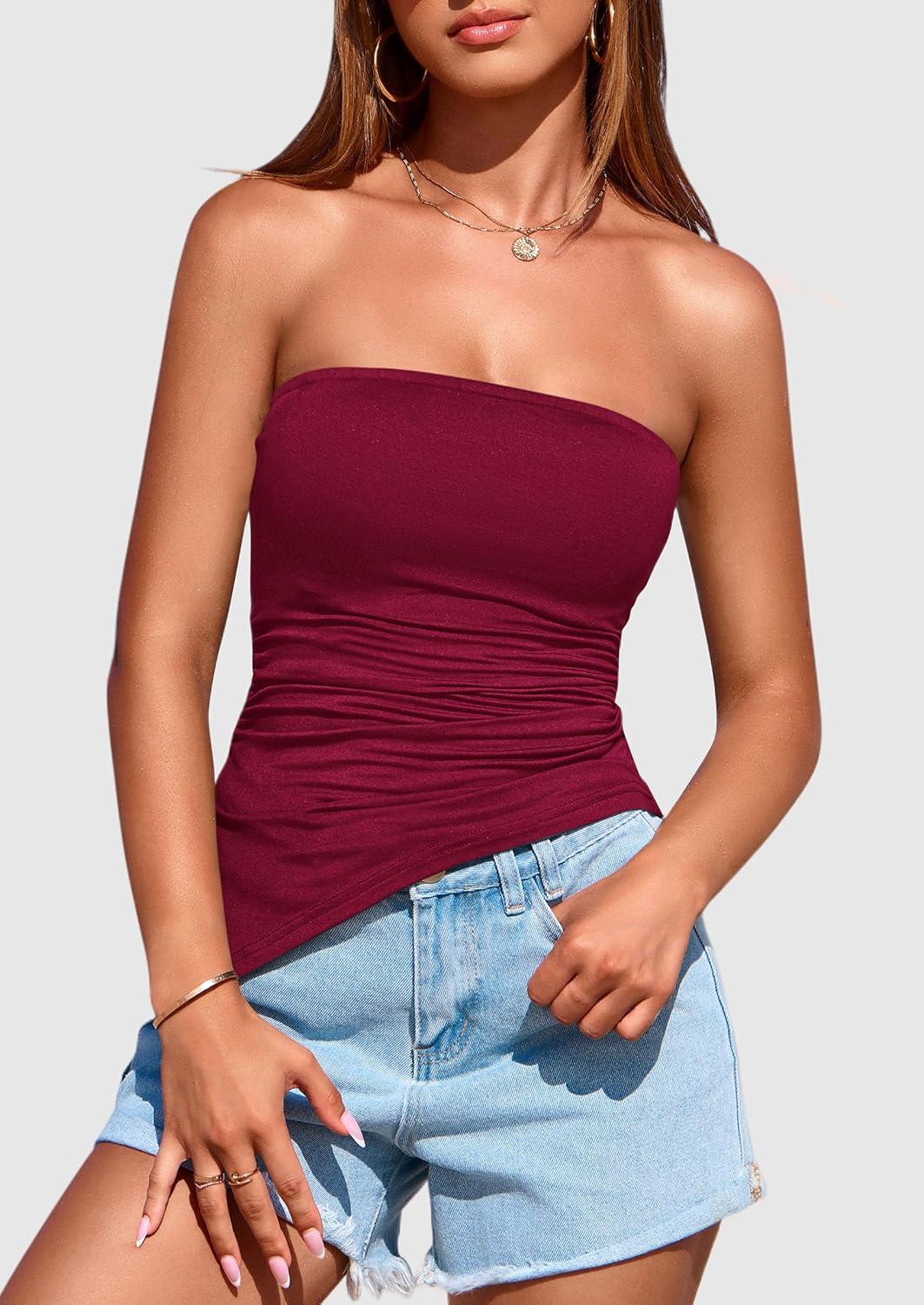 imagePRETTYGARDEN Tube Tops for Women Trendy Summer 2026 Spring Fashion Going Out Y2K Clothes Asymmetrical Ruched Strapless ShirtsWine Red
