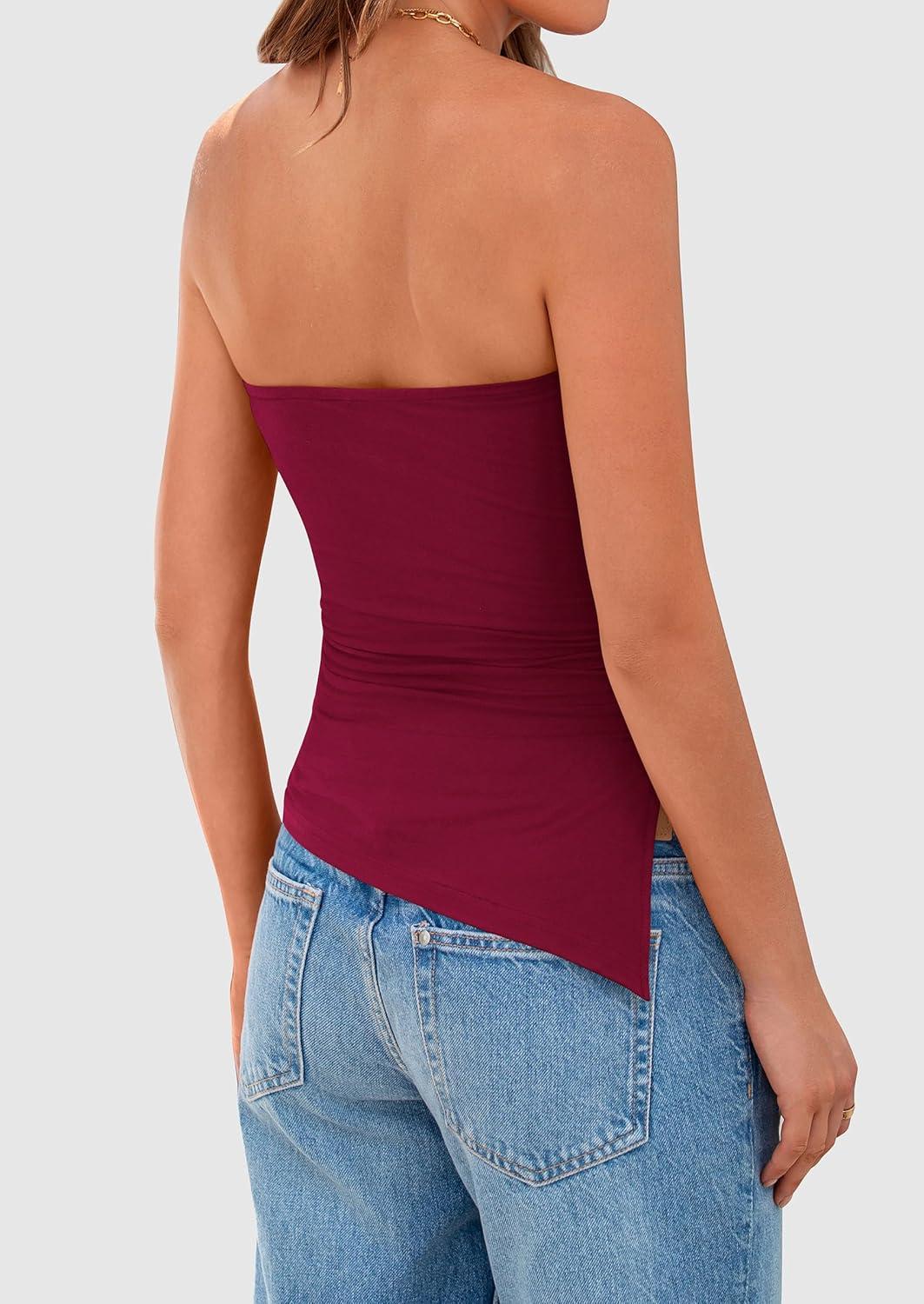imagePRETTYGARDEN Tube Tops for Women Trendy Summer 2026 Spring Fashion Going Out Y2K Clothes Asymmetrical Ruched Strapless ShirtsWine Red