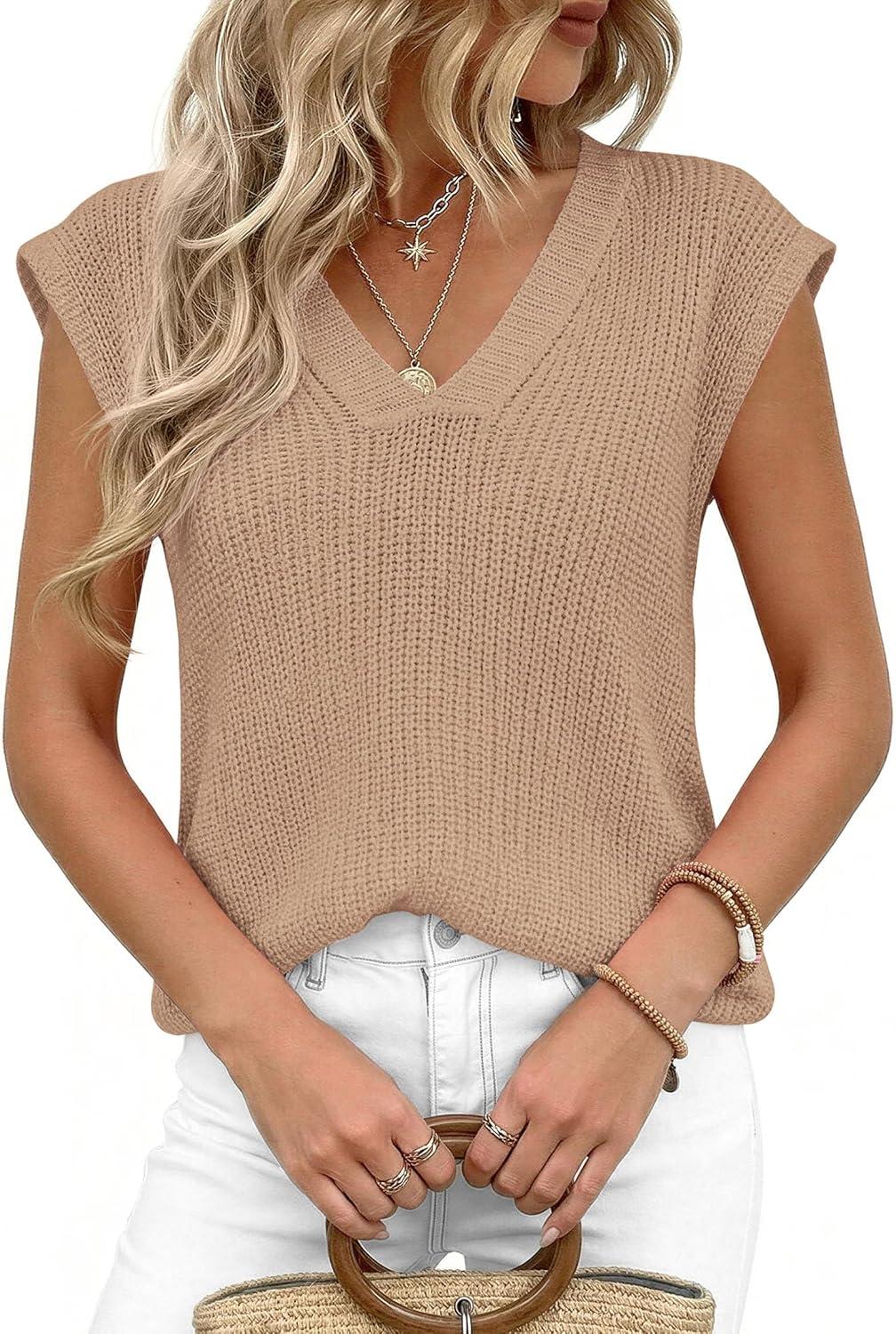 imagePRETTYGARDEN Womens 2026 Lightweight Sweaters Vest Spring Trendy Cap Sleeve V Neck Knit Tank Tops Summer Going Out OutfitsKhaki