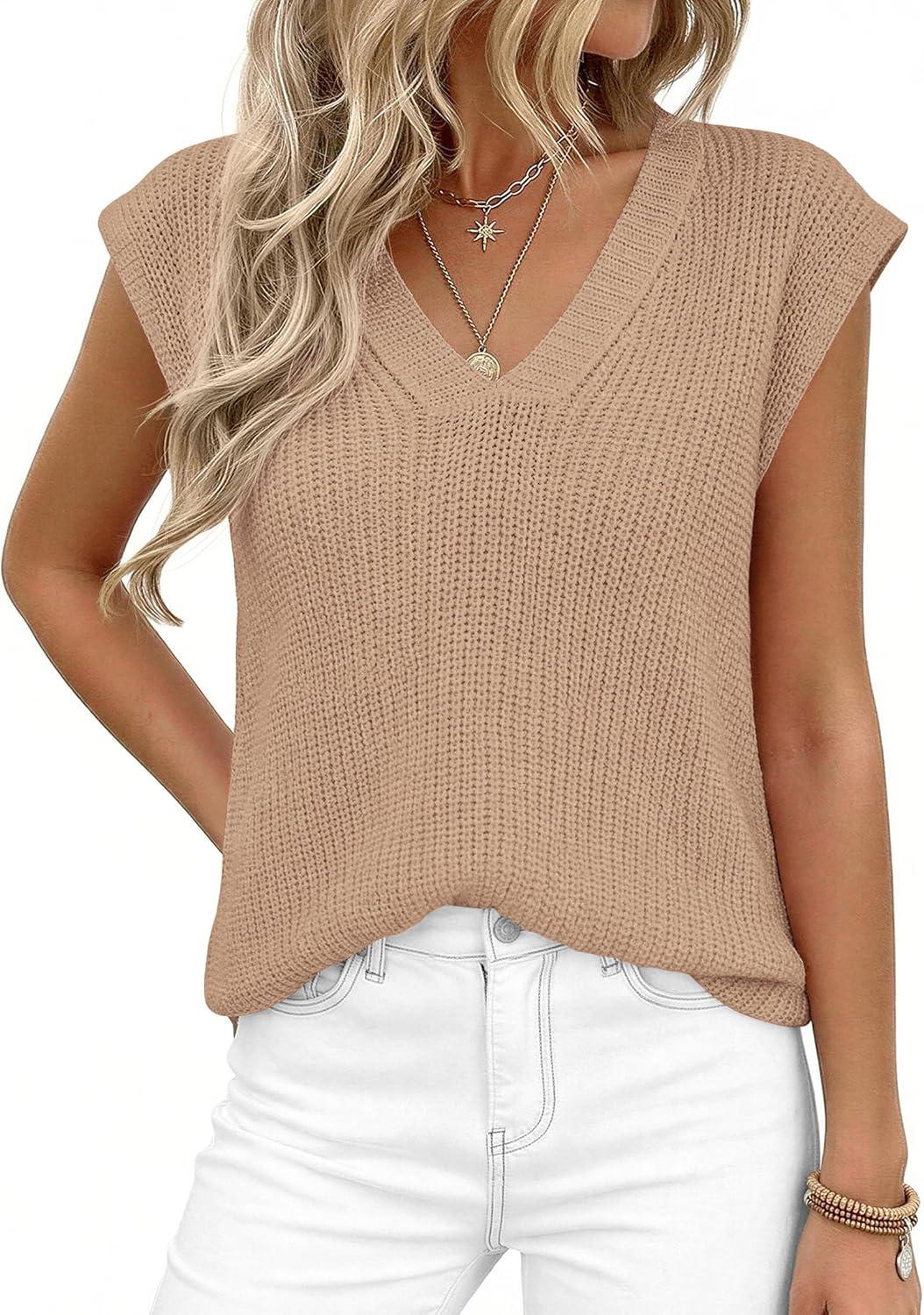 imagePRETTYGARDEN Womens 2026 Lightweight Sweaters Vest Spring Trendy Cap Sleeve V Neck Knit Tank Tops Summer Going Out OutfitsKhaki