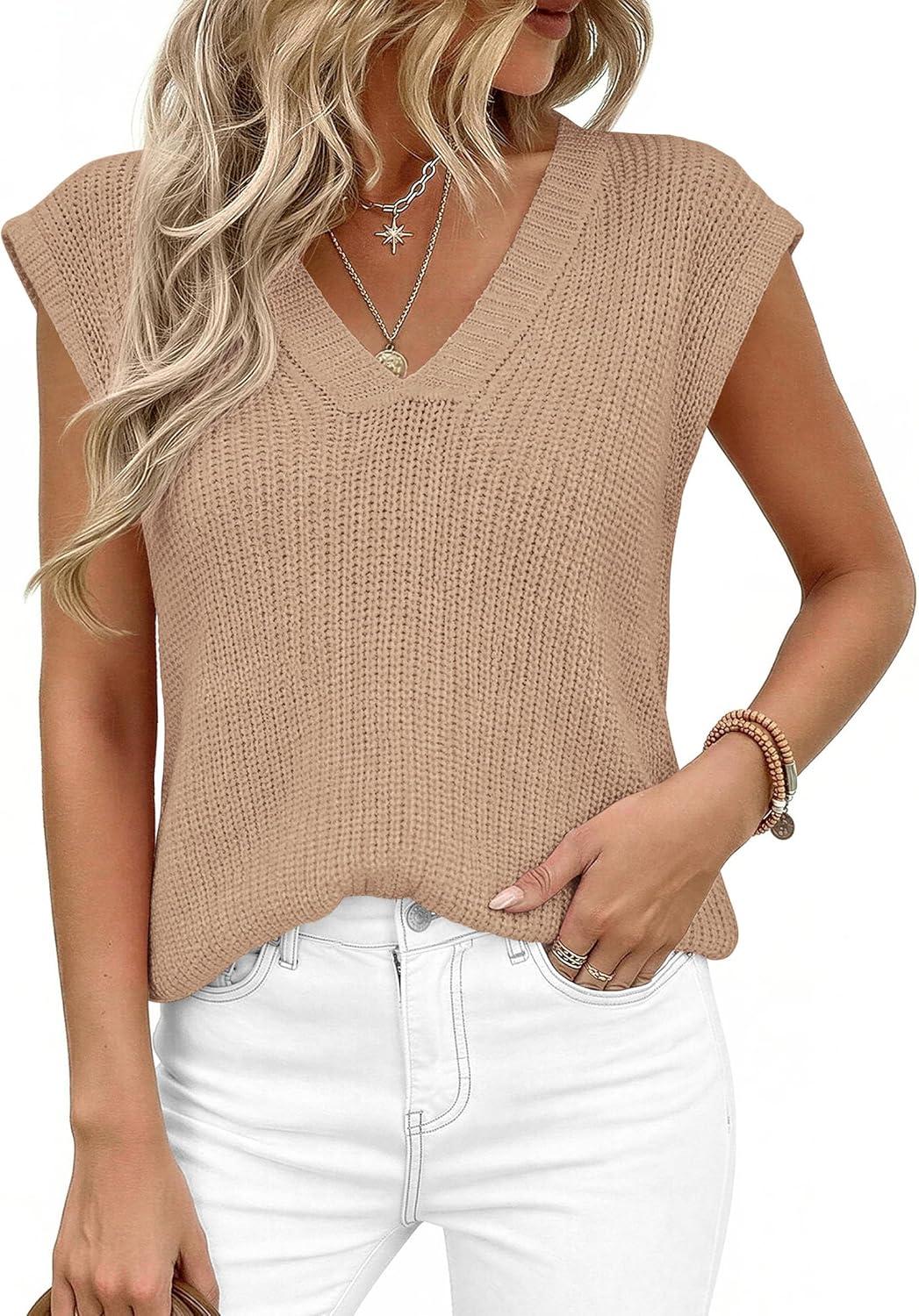 imagePRETTYGARDEN Womens 2026 Lightweight Sweaters Vest Spring Trendy Cap Sleeve V Neck Knit Tank Tops Summer Going Out OutfitsKhaki