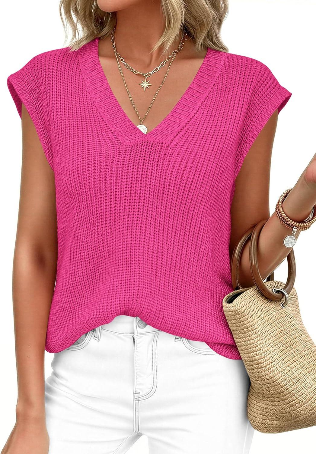 imagePRETTYGARDEN Womens 2026 Lightweight Sweaters Vest Spring Trendy Cap Sleeve V Neck Knit Tank Tops Summer Going Out OutfitsRose Red