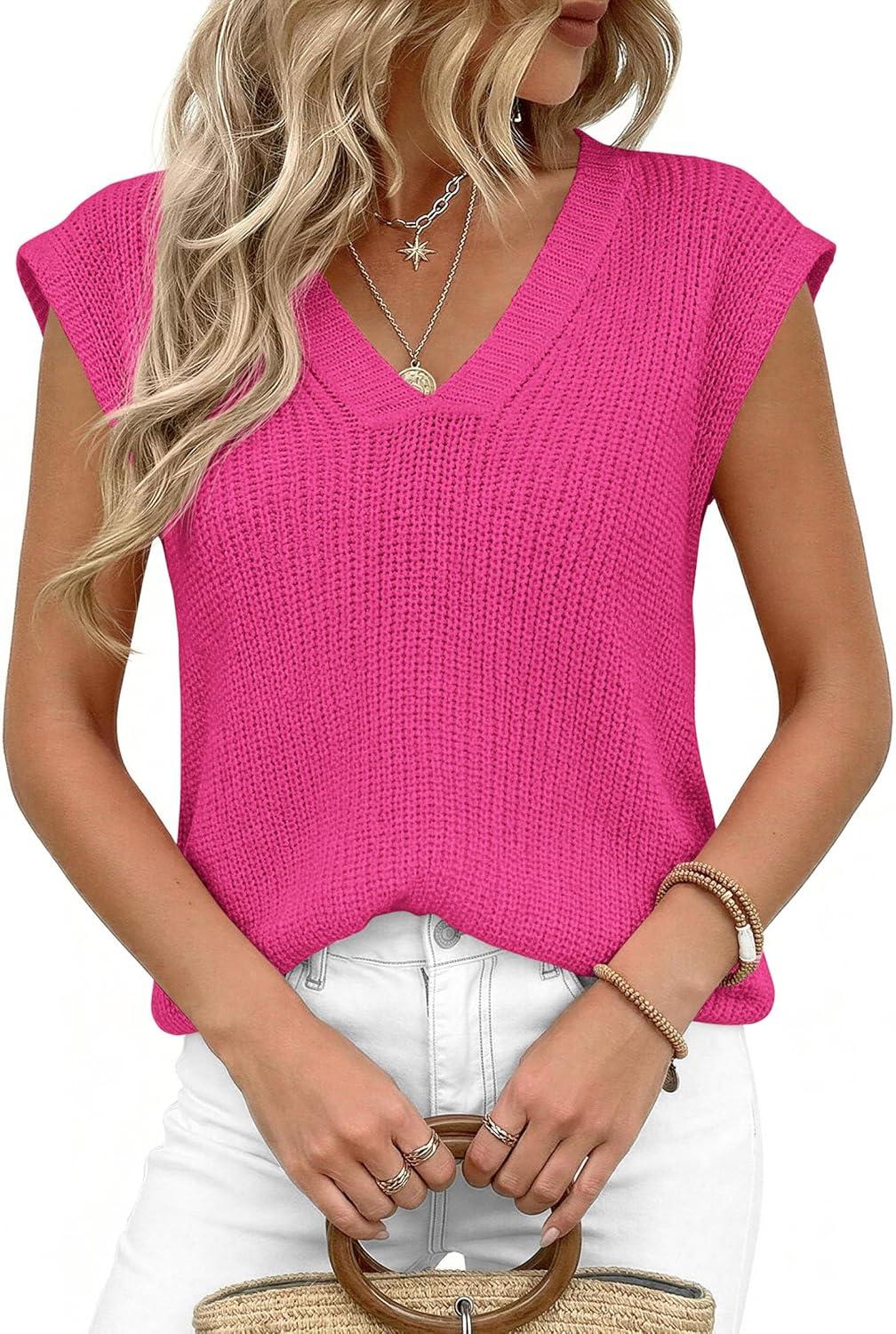 imagePRETTYGARDEN Womens 2026 Lightweight Sweaters Vest Spring Trendy Cap Sleeve V Neck Knit Tank Tops Summer Going Out OutfitsRose Red