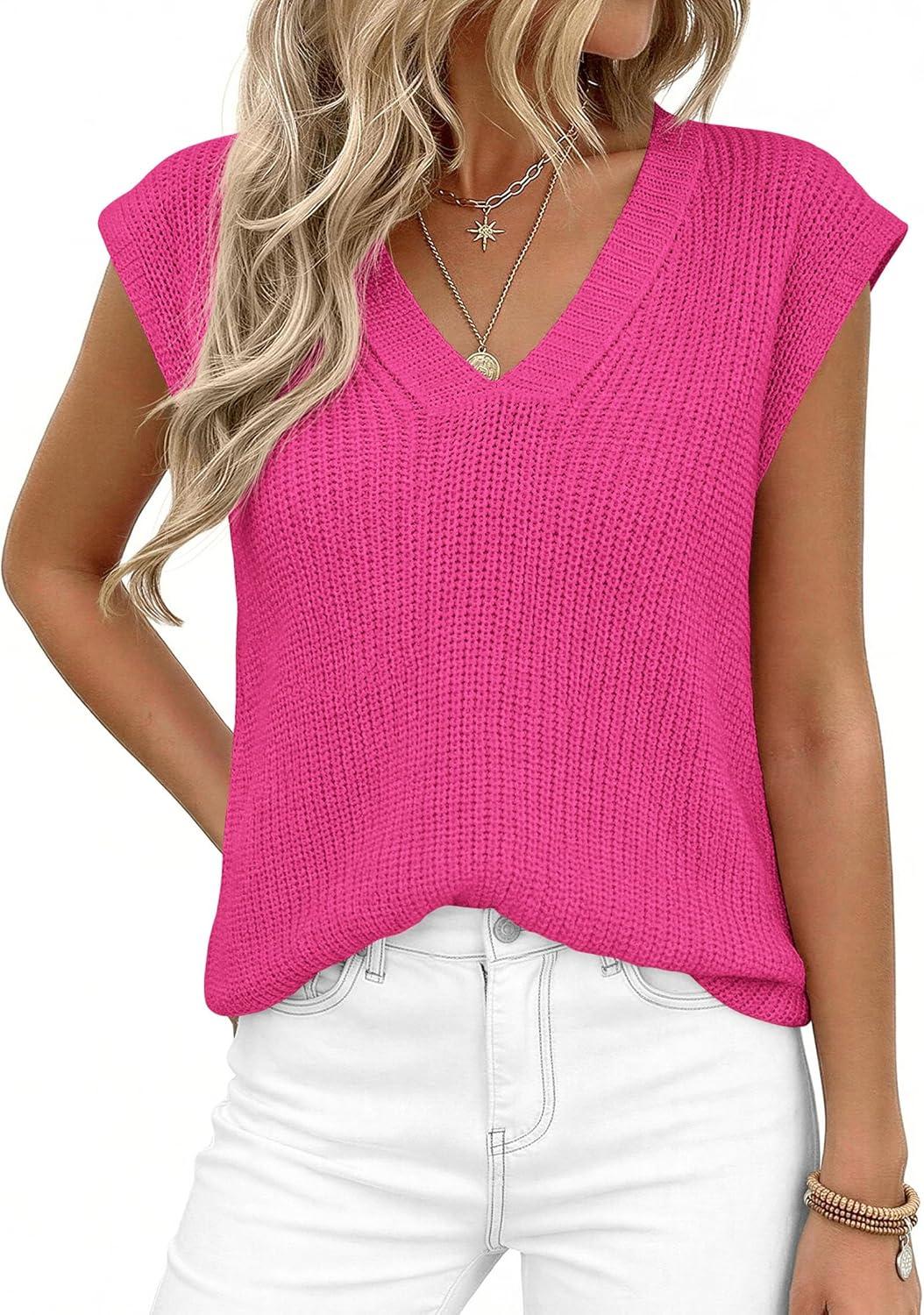 imagePRETTYGARDEN Womens 2026 Lightweight Sweaters Vest Spring Trendy Cap Sleeve V Neck Knit Tank Tops Summer Going Out OutfitsRose Red