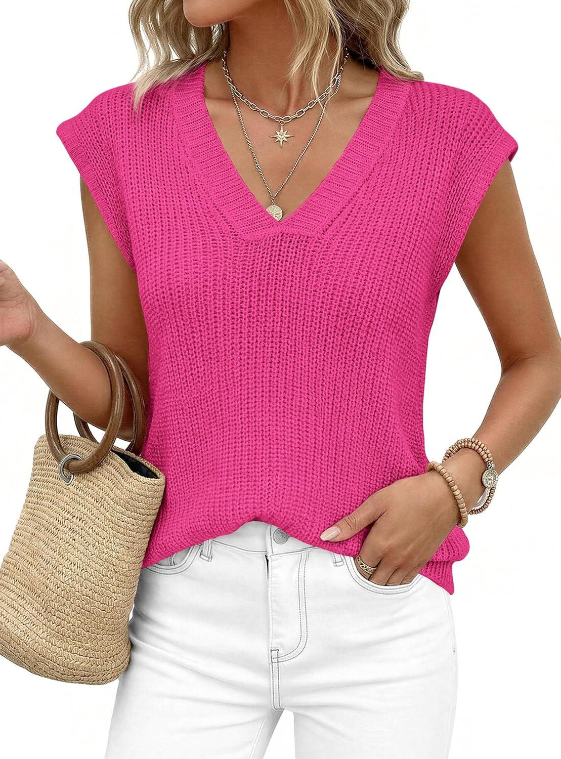 imagePRETTYGARDEN Womens 2026 Lightweight Sweaters Vest Spring Trendy Cap Sleeve V Neck Knit Tank Tops Summer Going Out OutfitsRose Red