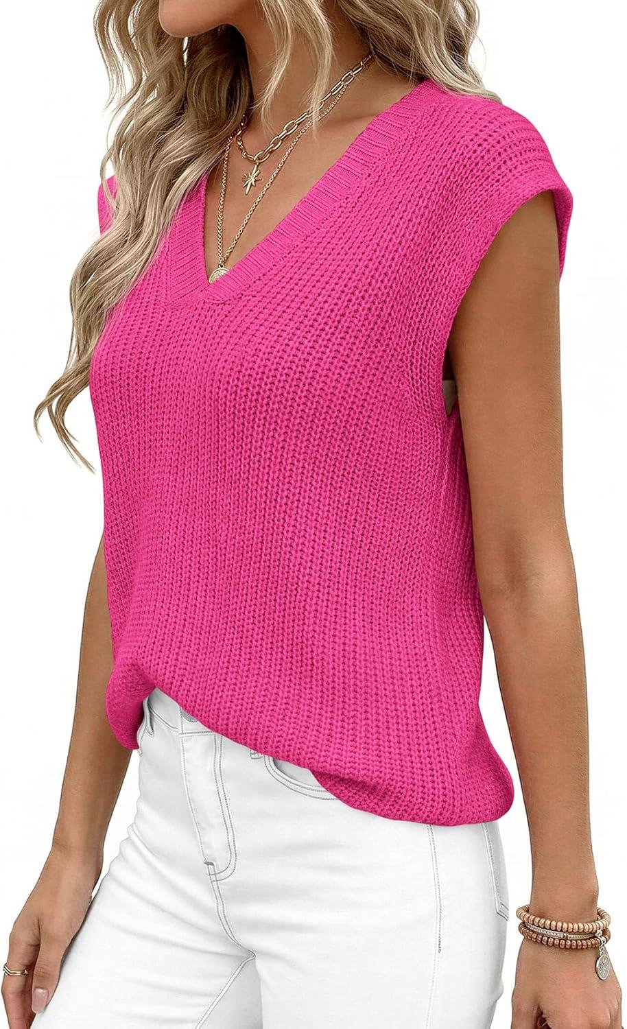 imagePRETTYGARDEN Womens 2026 Lightweight Sweaters Vest Spring Trendy Cap Sleeve V Neck Knit Tank Tops Summer Going Out OutfitsRose Red
