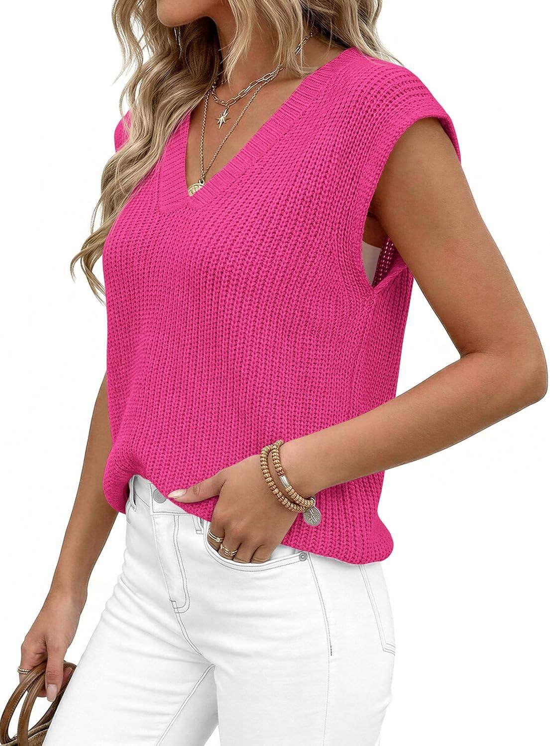 imagePRETTYGARDEN Womens 2026 Lightweight Sweaters Vest Spring Trendy Cap Sleeve V Neck Knit Tank Tops Summer Going Out OutfitsRose Red