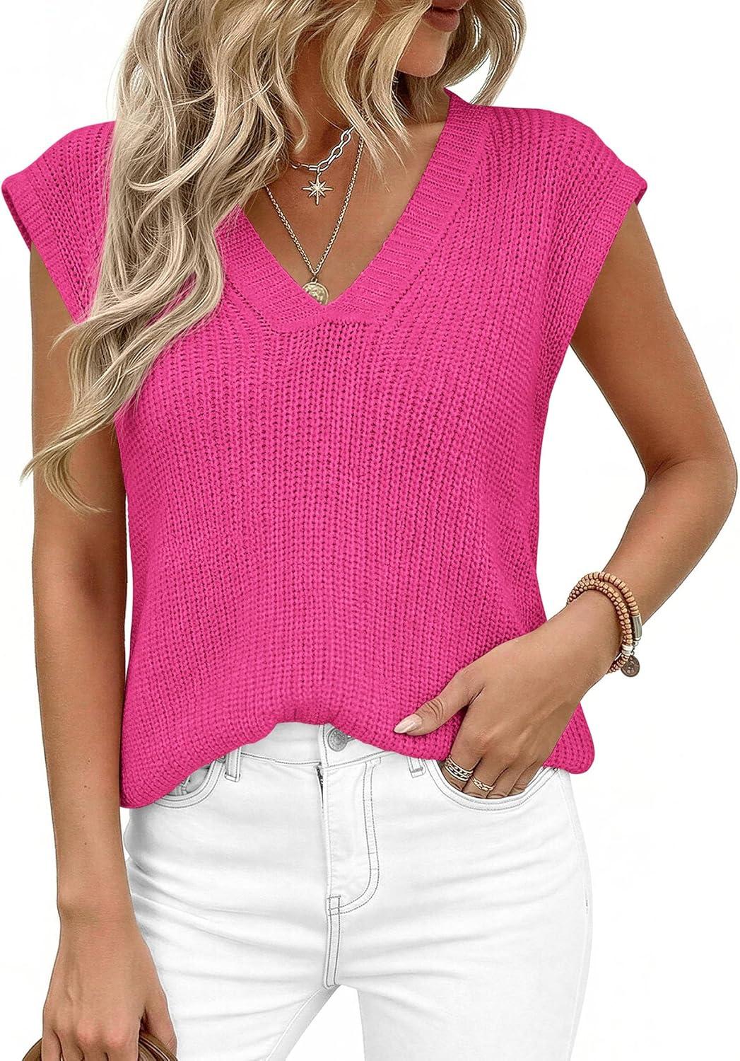 imagePRETTYGARDEN Womens 2026 Lightweight Sweaters Vest Spring Trendy Cap Sleeve V Neck Knit Tank Tops Summer Going Out OutfitsRose Red