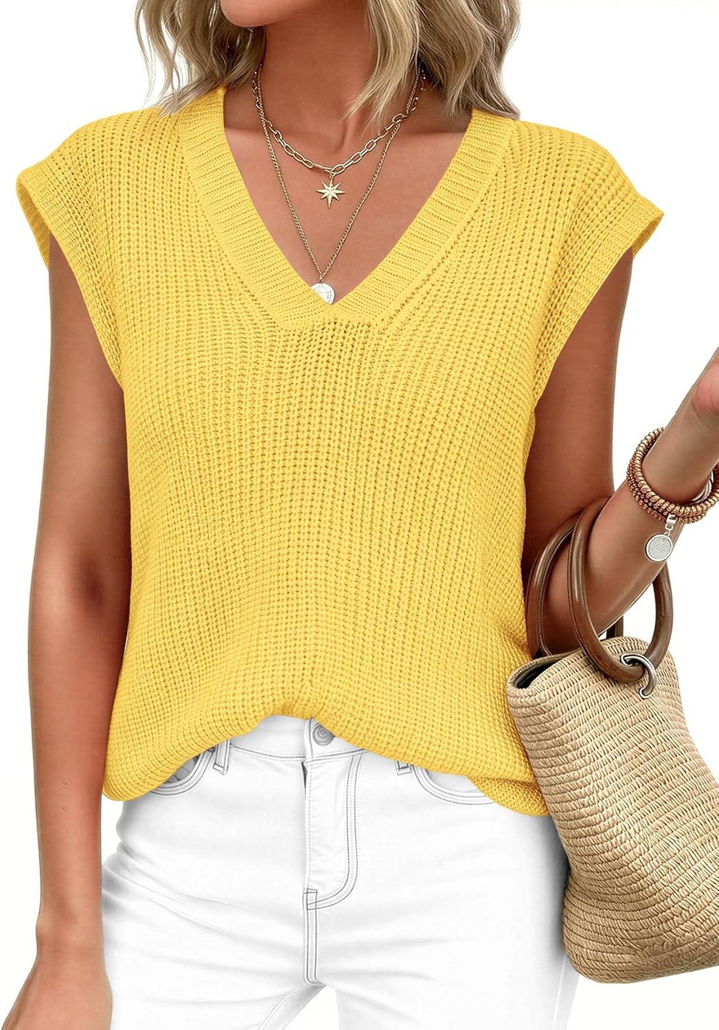 imagePRETTYGARDEN Womens 2026 Lightweight Sweaters Vest Spring Trendy Cap Sleeve V Neck Knit Tank Tops Summer Going Out OutfitsYellow
