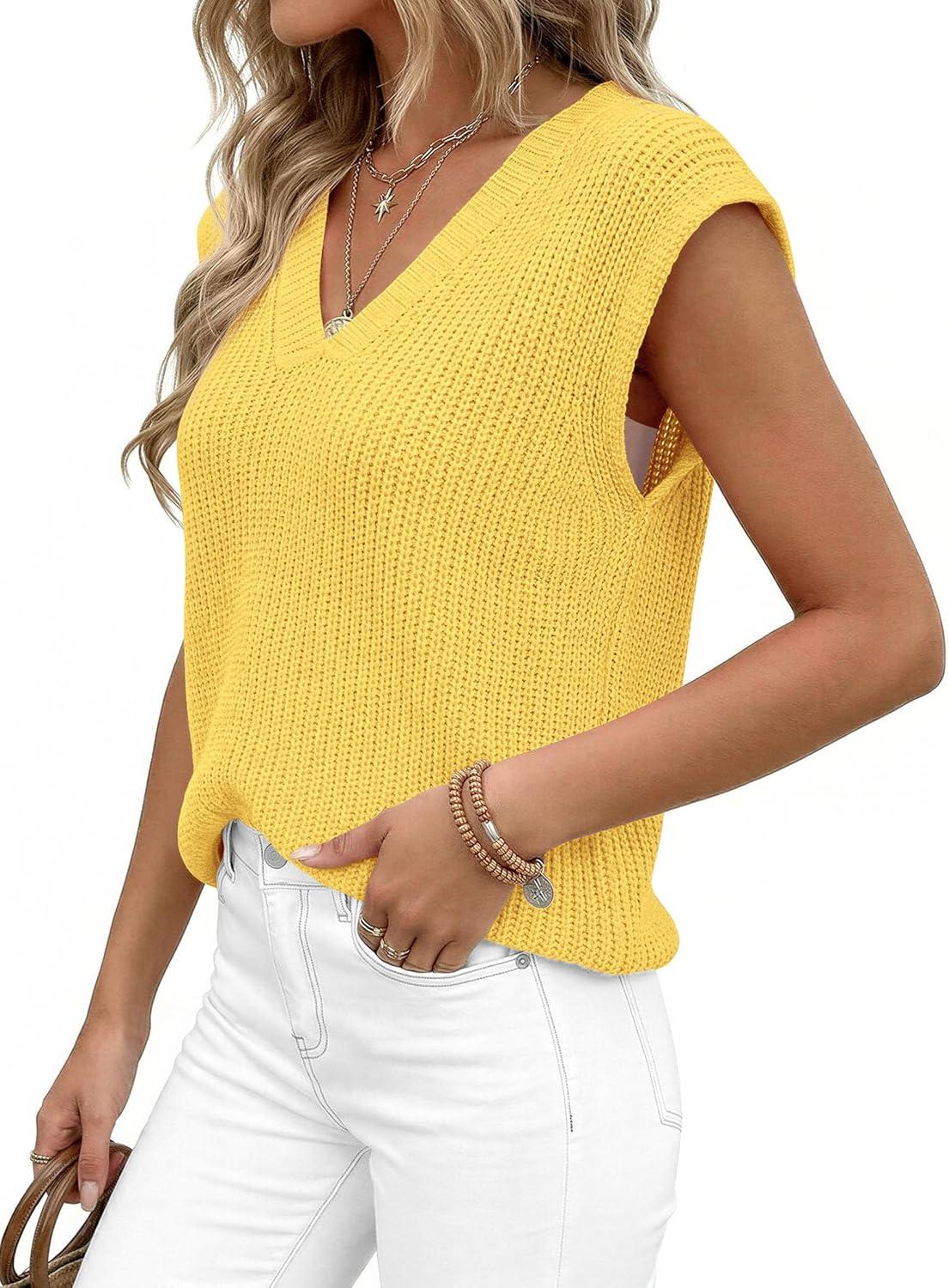 imagePRETTYGARDEN Womens 2026 Lightweight Sweaters Vest Spring Trendy Cap Sleeve V Neck Knit Tank Tops Summer Going Out OutfitsYellow