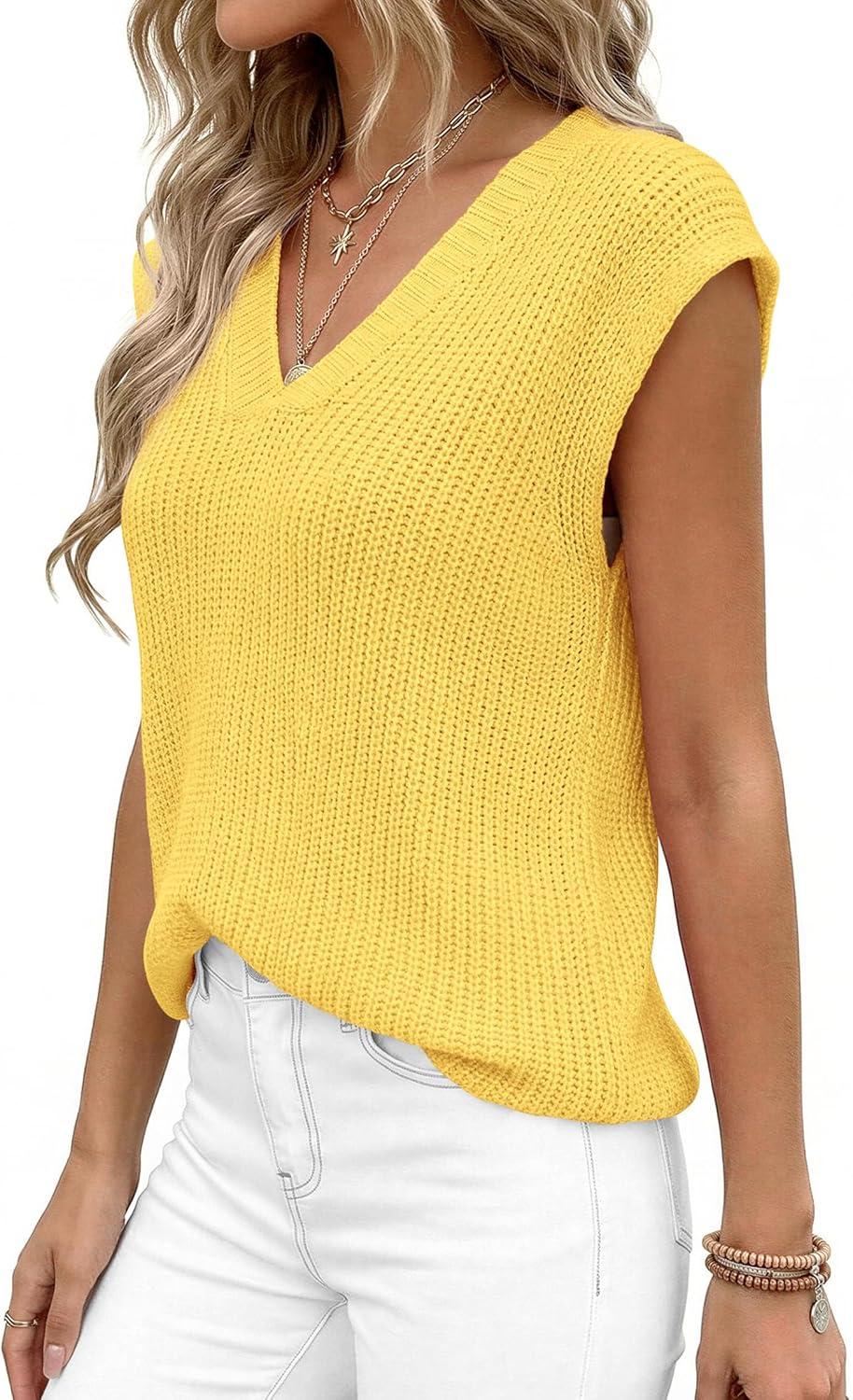 imagePRETTYGARDEN Womens 2026 Lightweight Sweaters Vest Spring Trendy Cap Sleeve V Neck Knit Tank Tops Summer Going Out OutfitsYellow