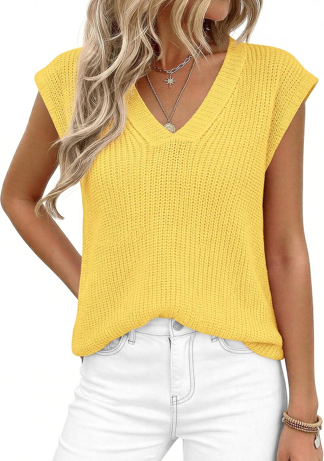 imagePRETTYGARDEN Womens 2026 Lightweight Sweaters Vest Spring Trendy Cap Sleeve V Neck Knit Tank Tops Summer Going Out OutfitsYellow