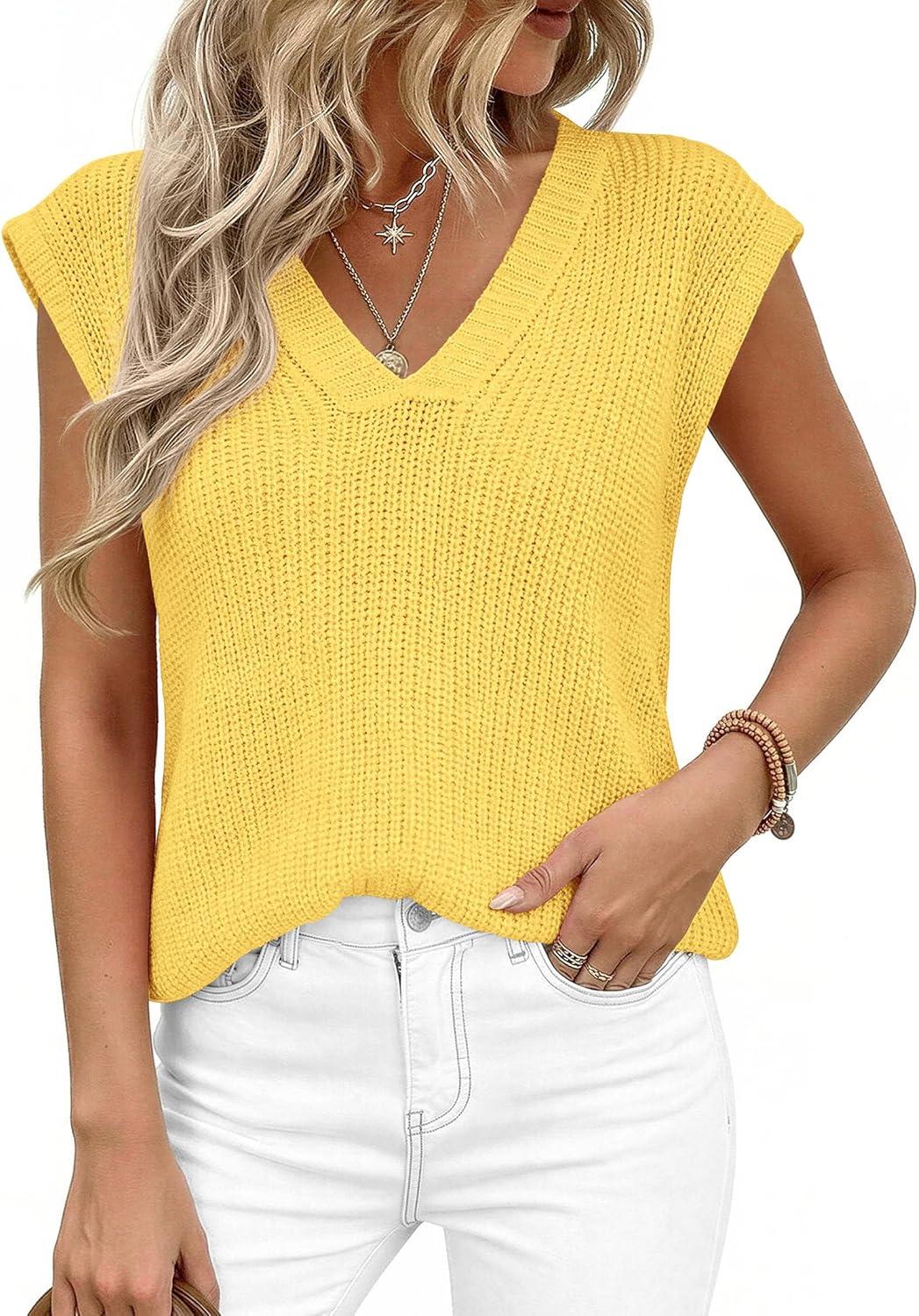imagePRETTYGARDEN Womens 2026 Lightweight Sweaters Vest Spring Trendy Cap Sleeve V Neck Knit Tank Tops Summer Going Out OutfitsYellow