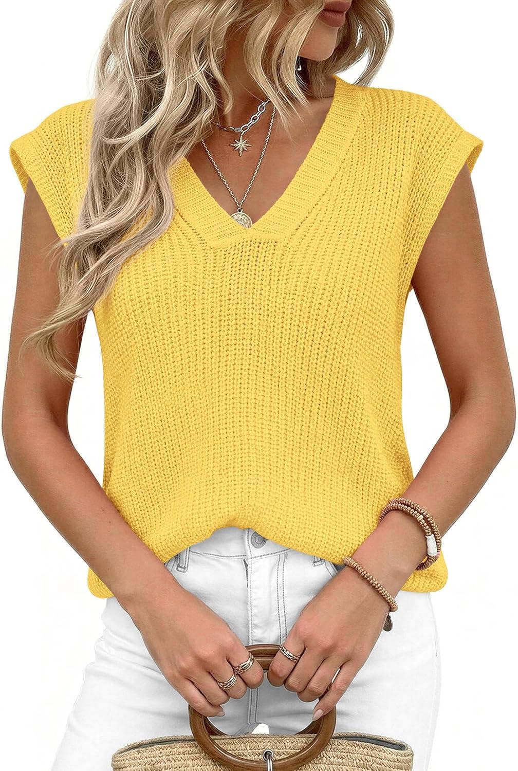 imagePRETTYGARDEN Womens 2026 Lightweight Sweaters Vest Spring Trendy Cap Sleeve V Neck Knit Tank Tops Summer Going Out OutfitsYellow