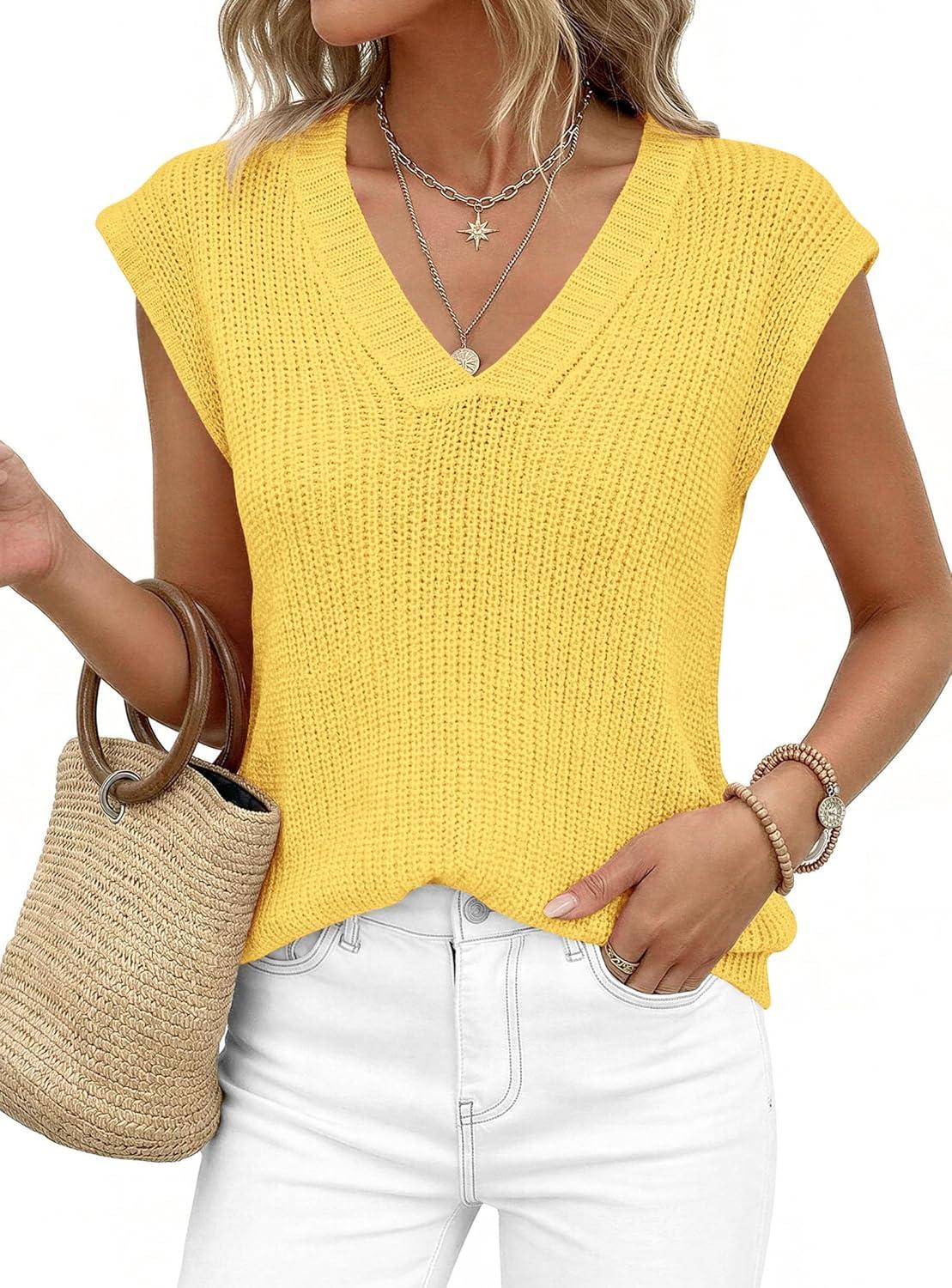 imagePRETTYGARDEN Womens 2026 Lightweight Sweaters Vest Spring Trendy Cap Sleeve V Neck Knit Tank Tops Summer Going Out OutfitsYellow