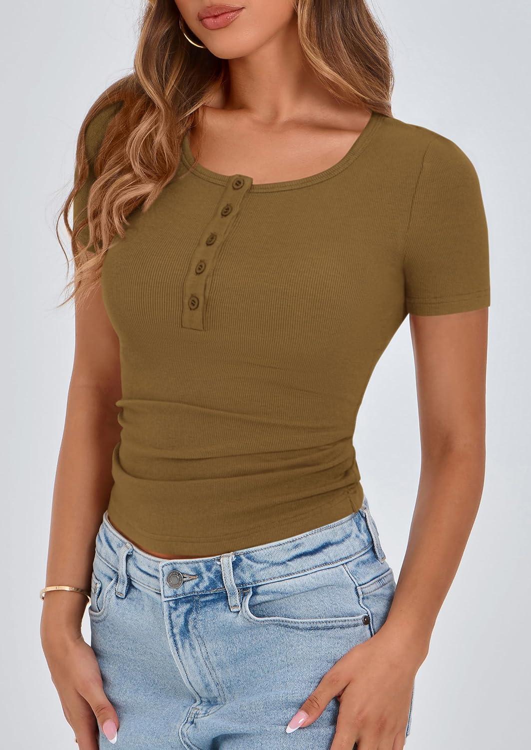 imagePRETTYGARDEN Womens 2026 Summer Short Sleeve Tops Ribbed Henley Button Slim Fit Basic Casual T Shirts Blouse Fashion ClothingBrown Camel