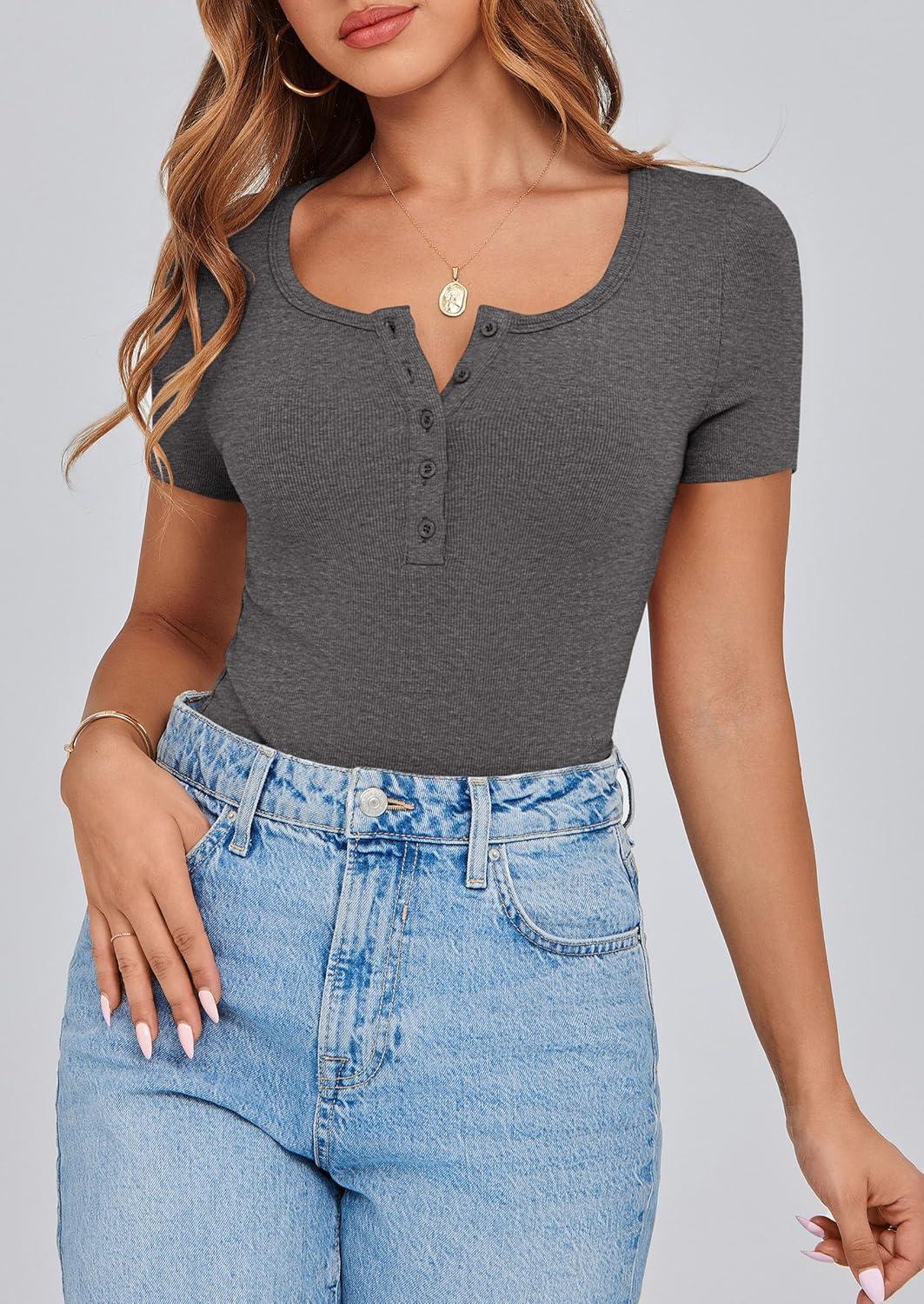 imagePRETTYGARDEN Womens 2026 Summer Short Sleeve Tops Ribbed Henley Button Slim Fit Basic Casual T Shirts Blouse Fashion ClothingCharcoal